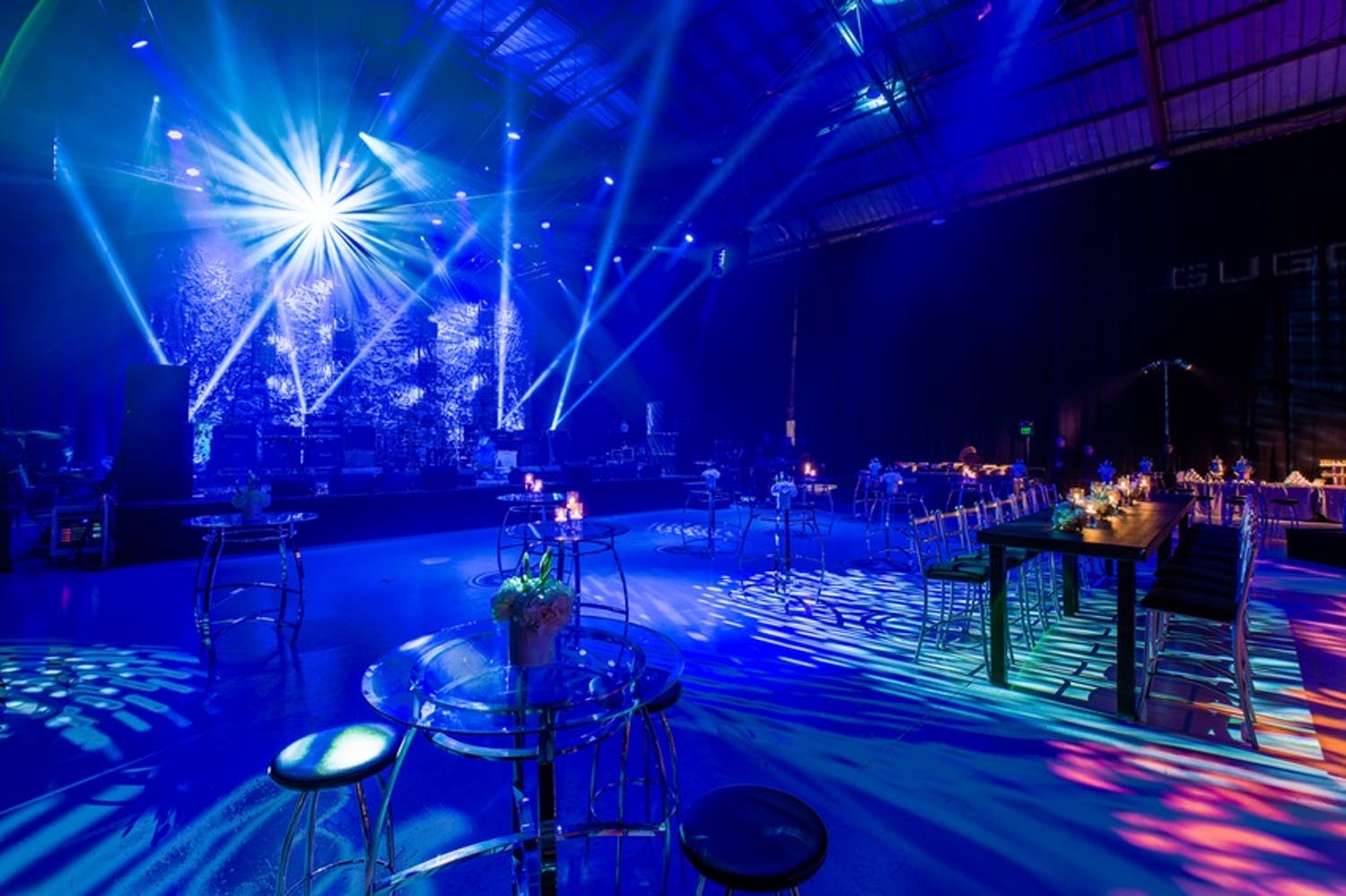 dance floor with blue uplighting