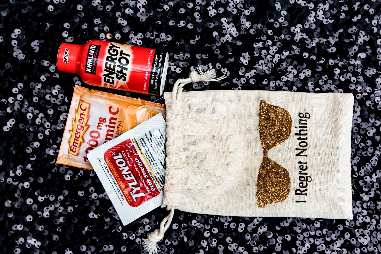 Hangover-kit party favors with TYLENOL, Energy Shot, and Emergen-C