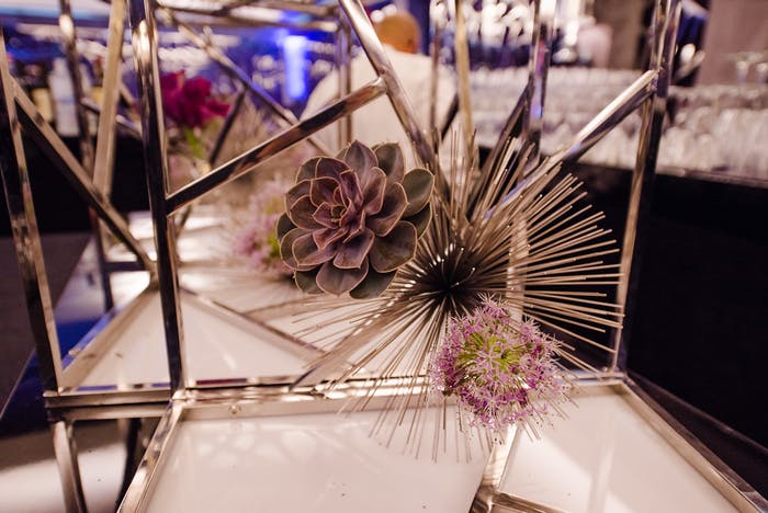A geometric floral holder contains a succulent and a spiky circular accent piece.