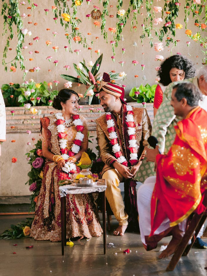 Bride and groom at their colorful wedding