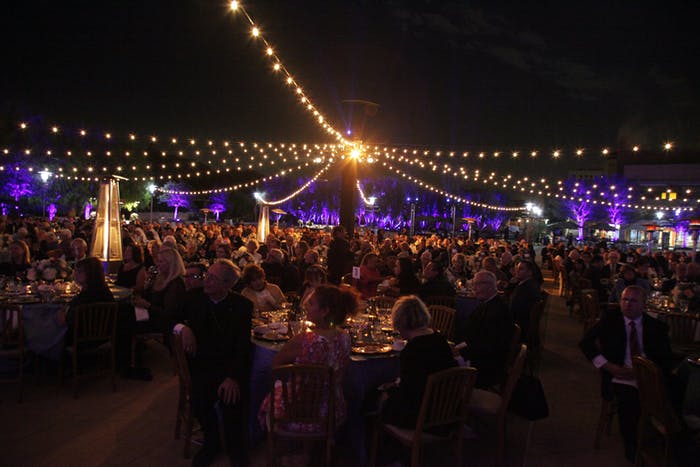 fairy lights are hanging from the ceiling and all come towards the center. People at tables are underneath.