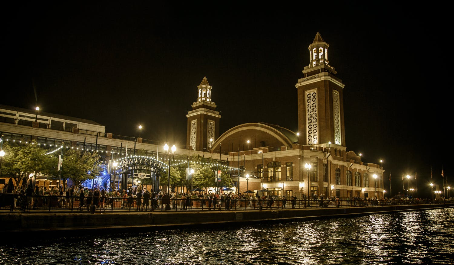 Miller Lite Beer Garden at Navy Pier at nighttime | PartySlate
