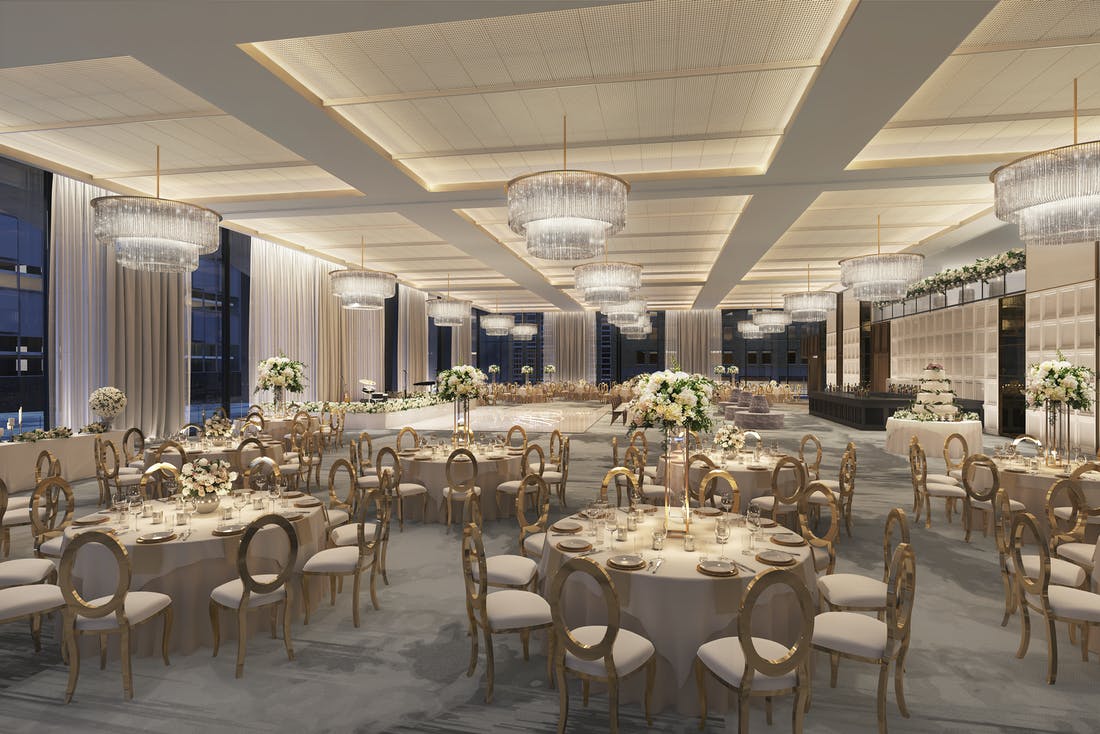 Thompson Dallas National Ballroom with Coiffered Ceilings and White and Gold Details | PartySlate