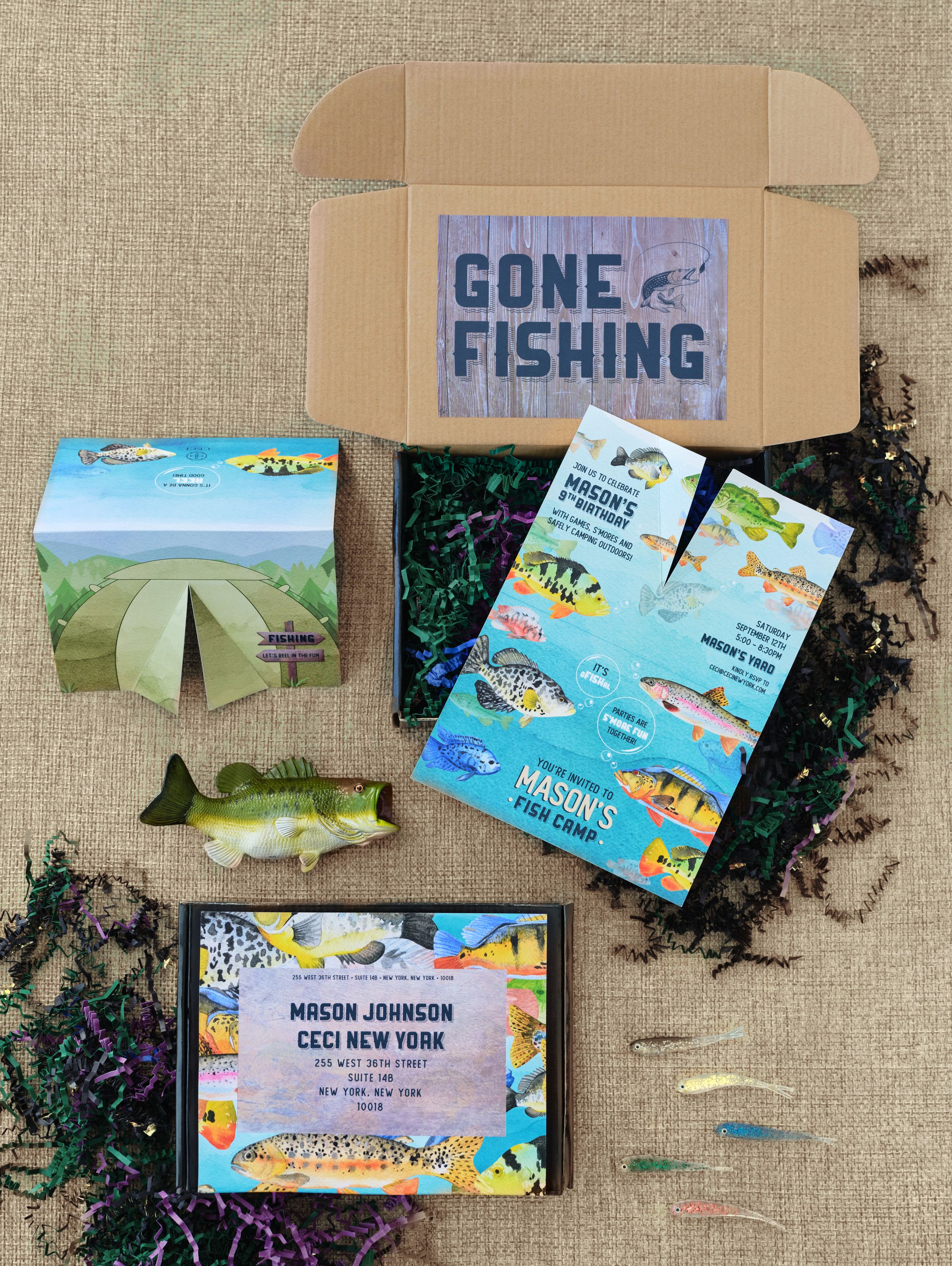 Mason's Social Distanced Fish Camp Birthday Party in New York With Invitation Box