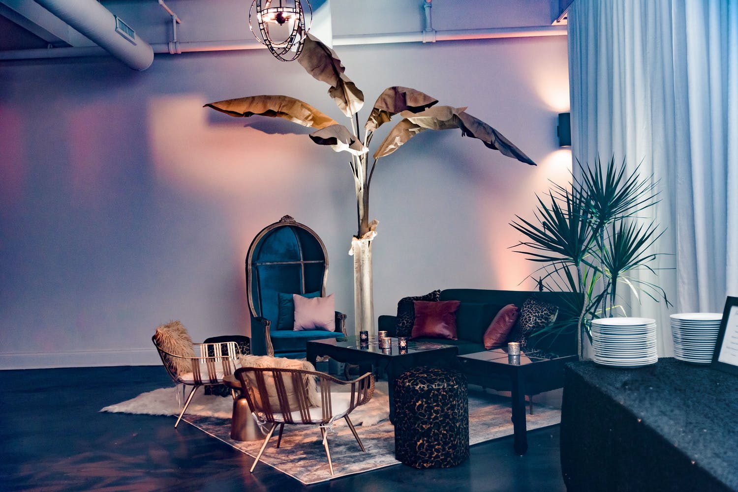 40th-Birthday Party With Velvet Blue Seating and Gold Palm Tree Décor | PartySlate