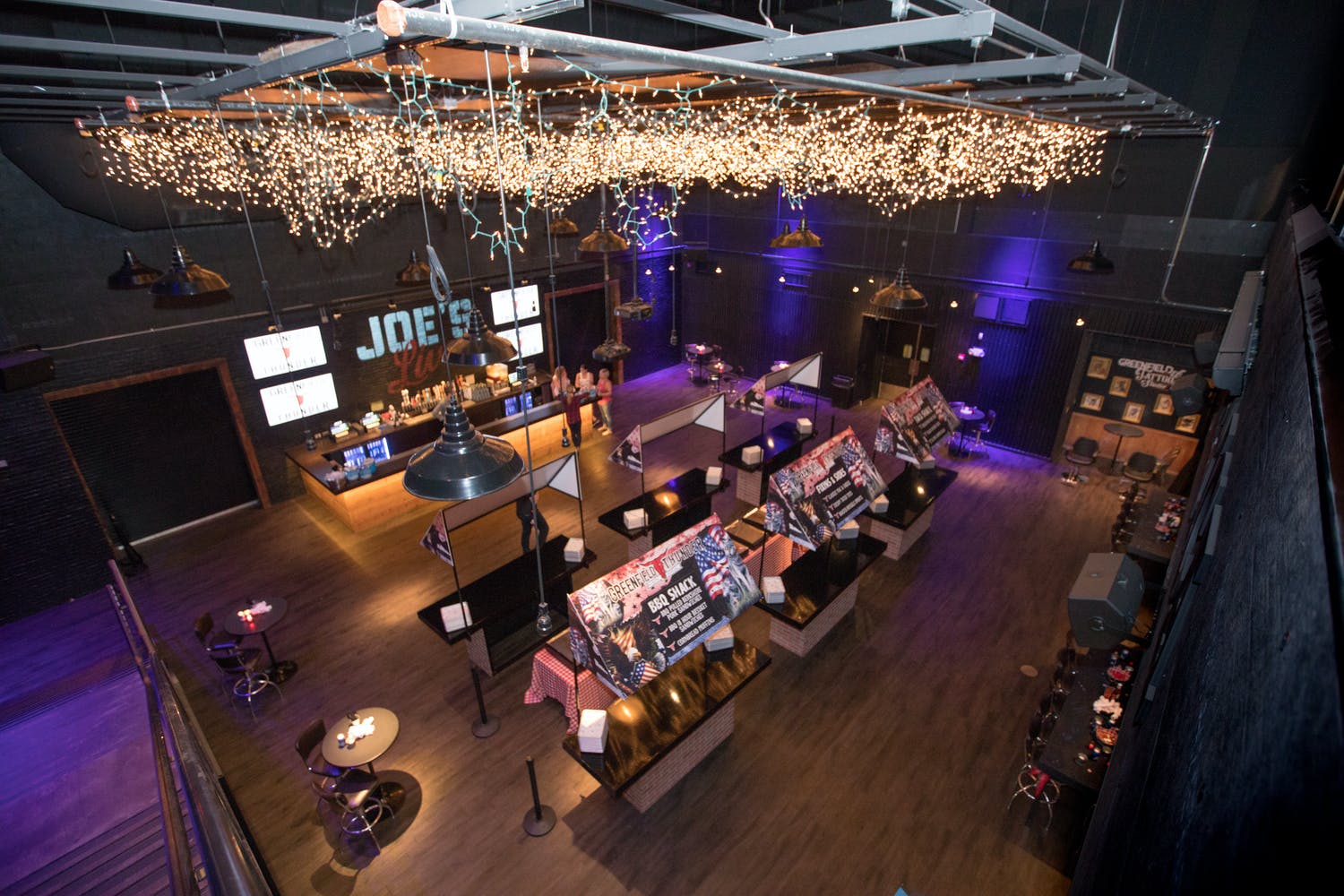 Country Music-Themed Party With Lighting Ceiling installation and American Food Stations | PartySlate