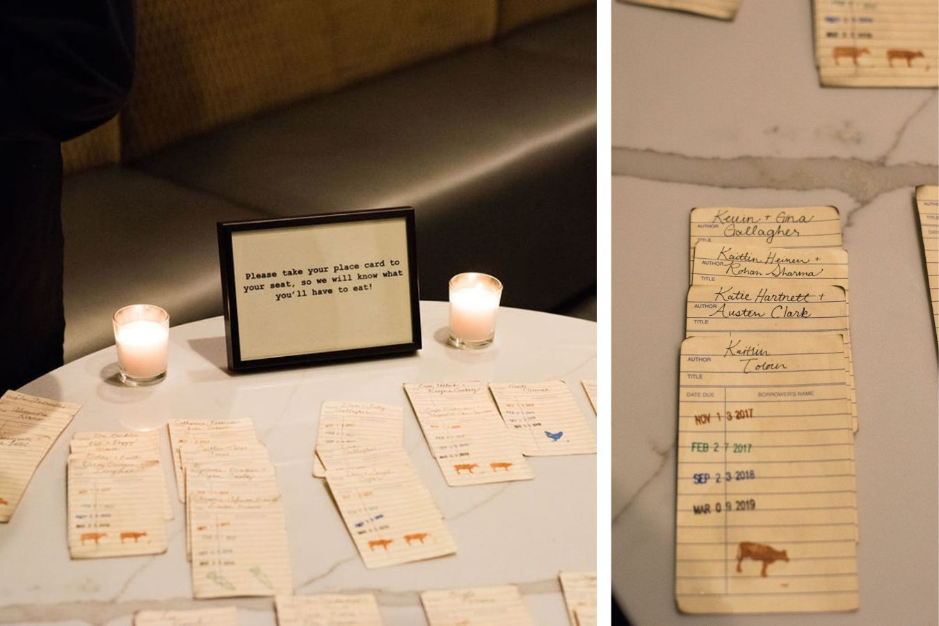 Card Catalogue Wedding Escort Cards on Circular Table | PartySlate