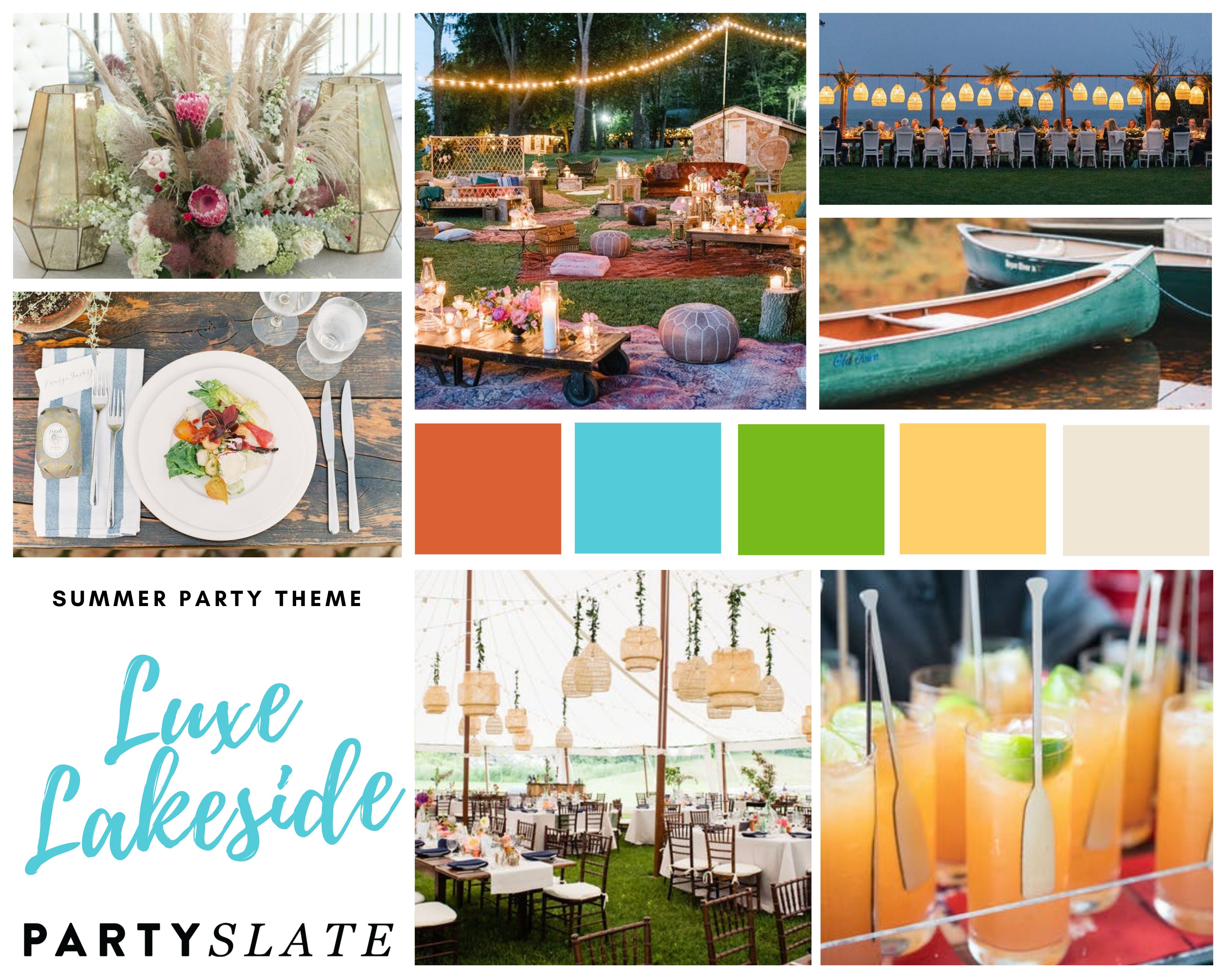 Luxe lakeside inspiration board with images of lakeside-related activities and décor