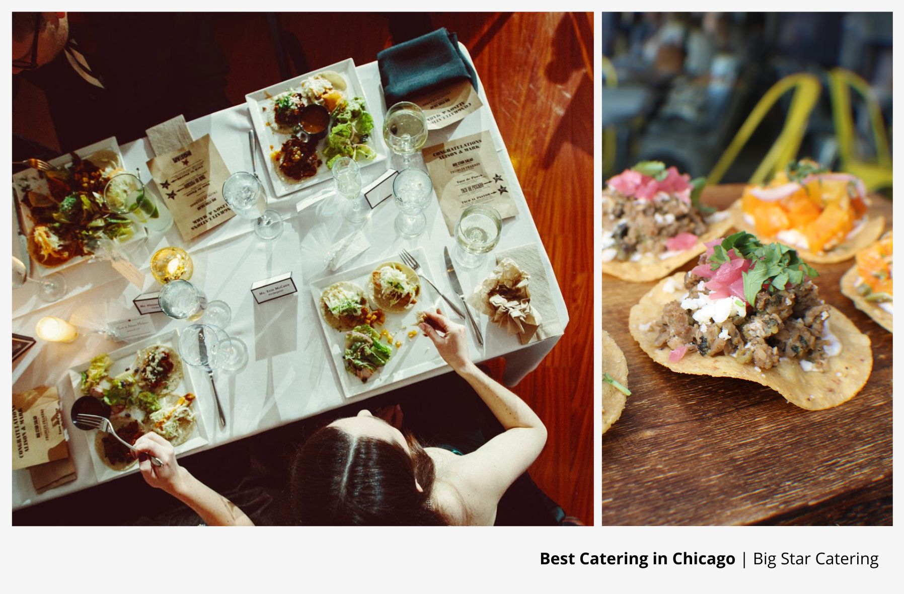Left image is an overhead shot of a plain tablescape and right image is tacos.