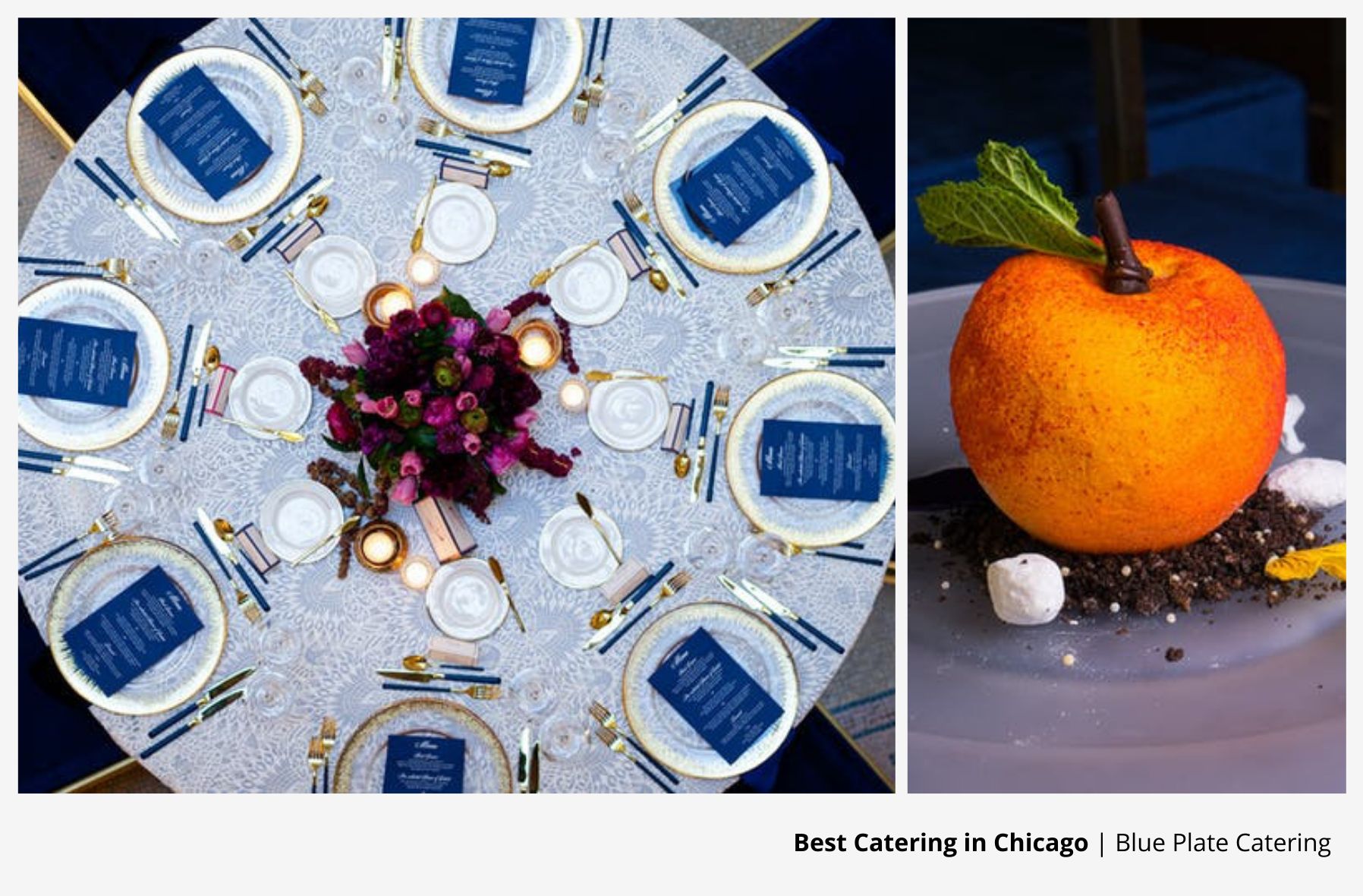 Left image is of a white tablescape with blue menus and right image is of a dessert apple.