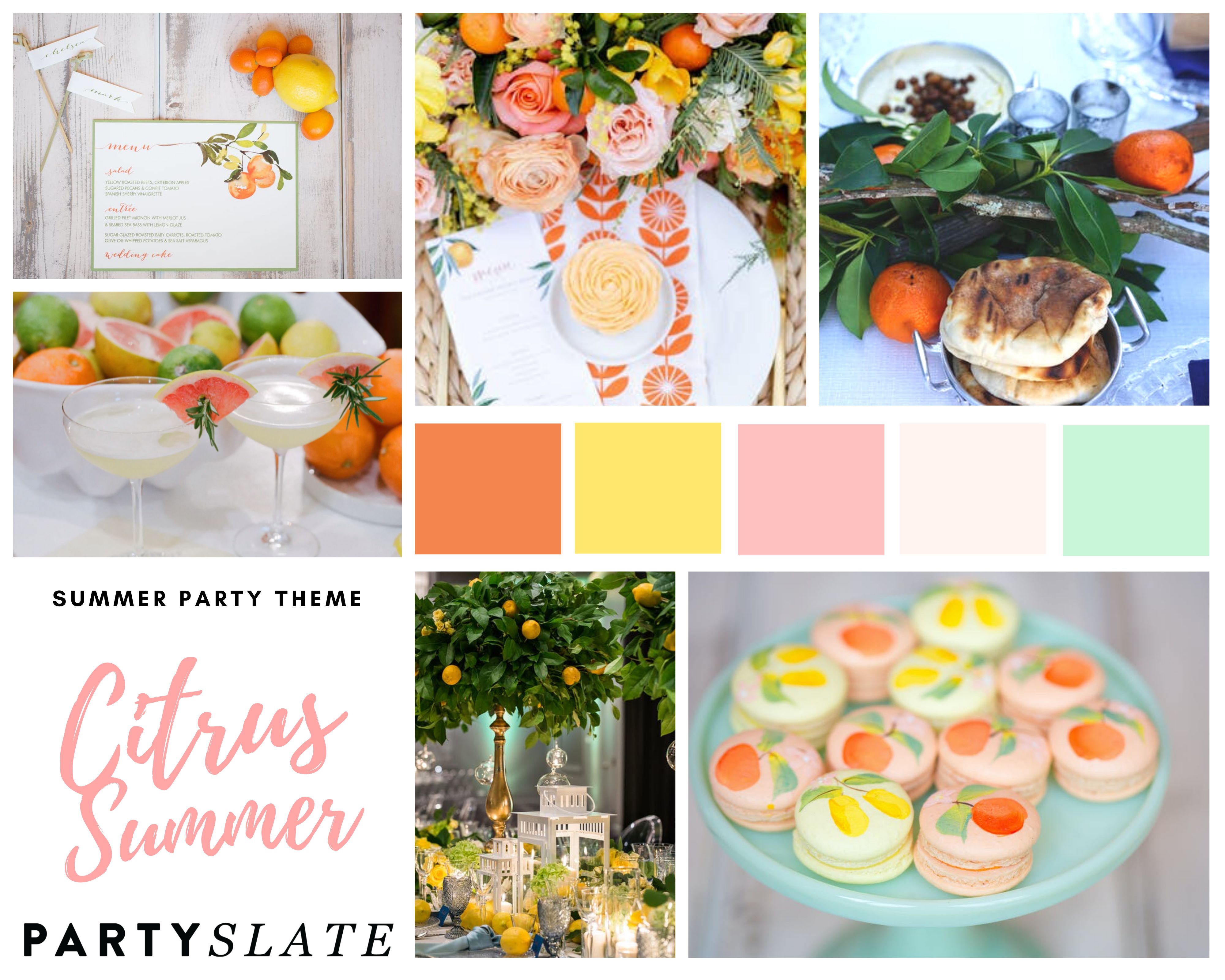 Citrus summer inspiration board with images of tablescapes featuring florals and citruses