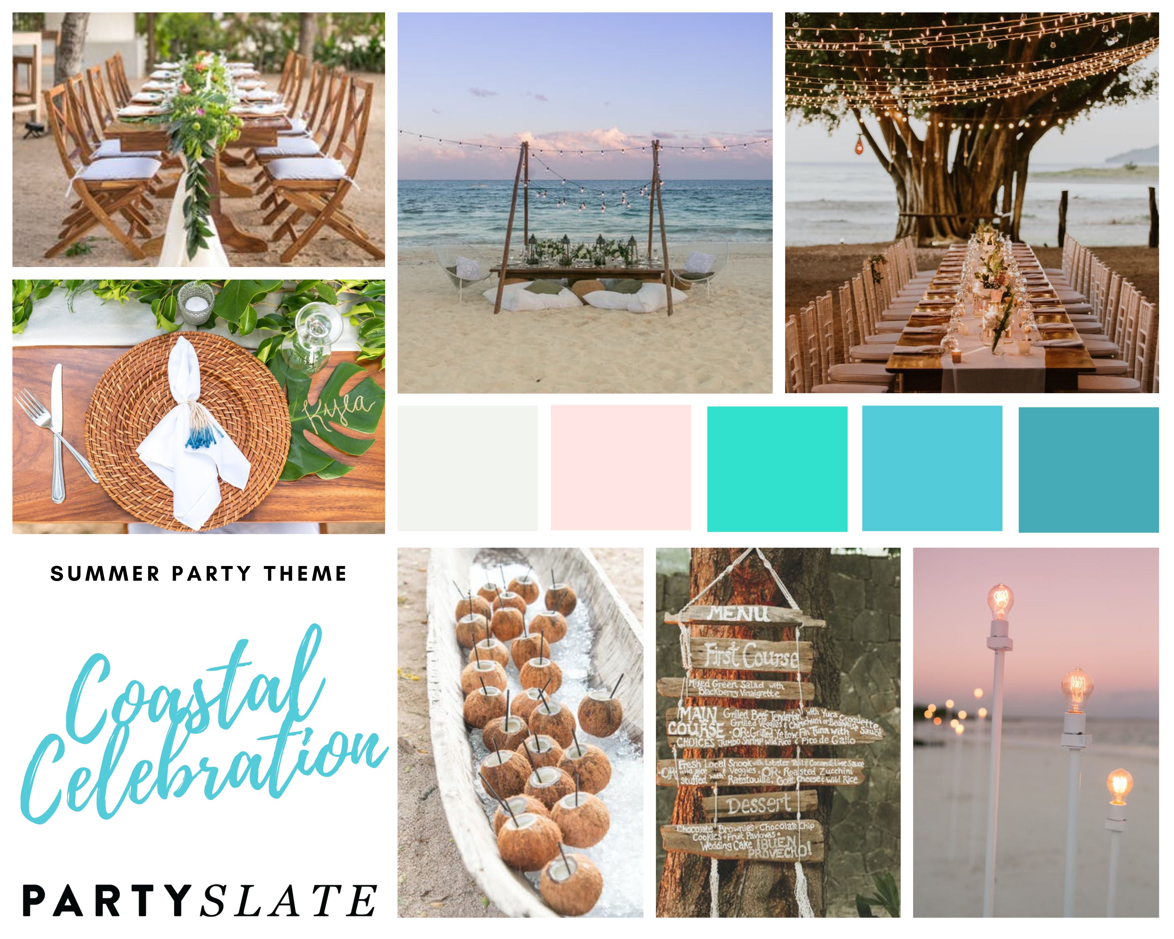 Coastal celebration inspiration board with beach images and a blue and pink color pallet