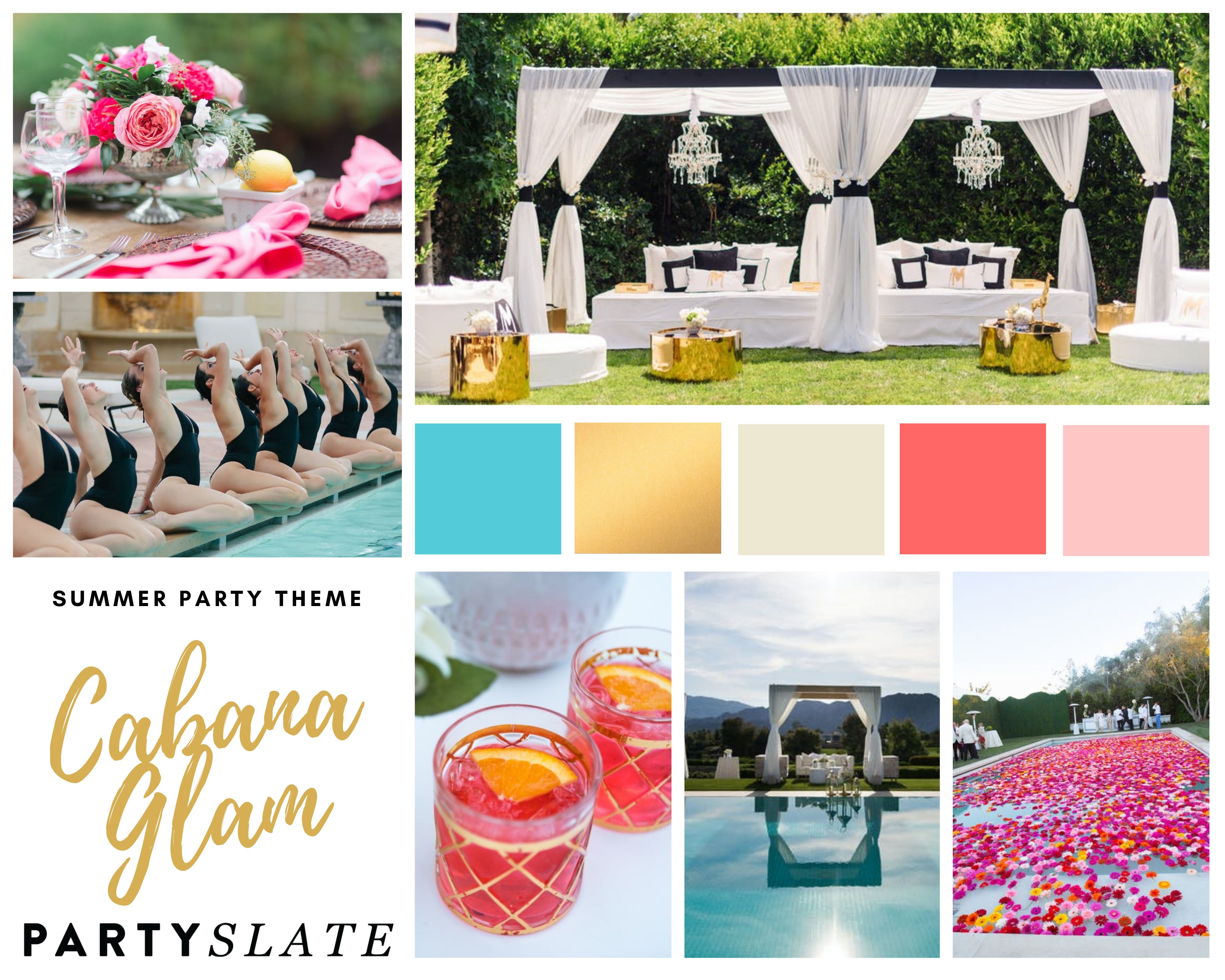 Cabana Glam themed party with a luxe, white draped cabana and a white, gold, white, and pink color pallet