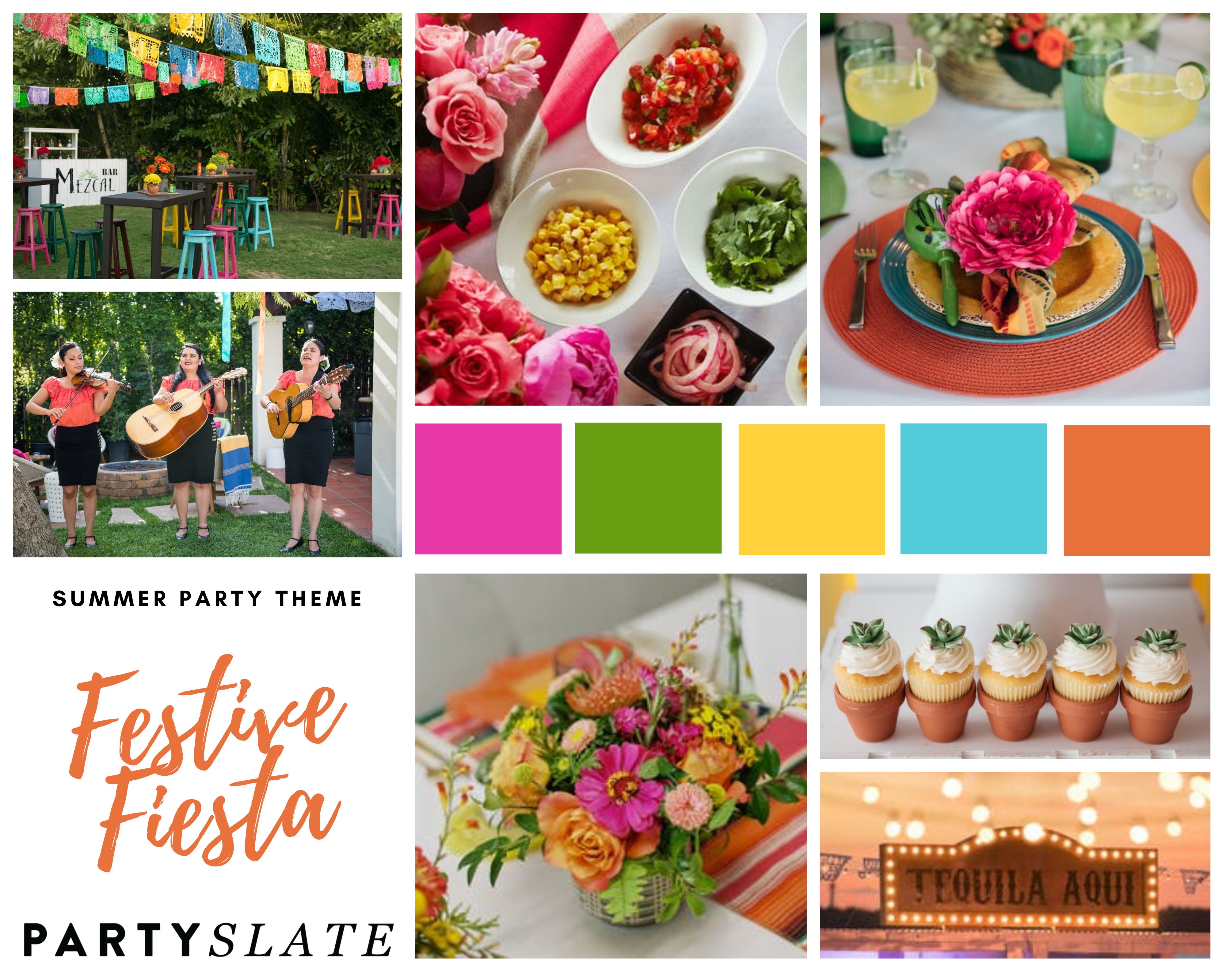 Festive fiesta inspiration board with images of Mexican parties and a color pallet of pink, green, yellow, blue, and orange