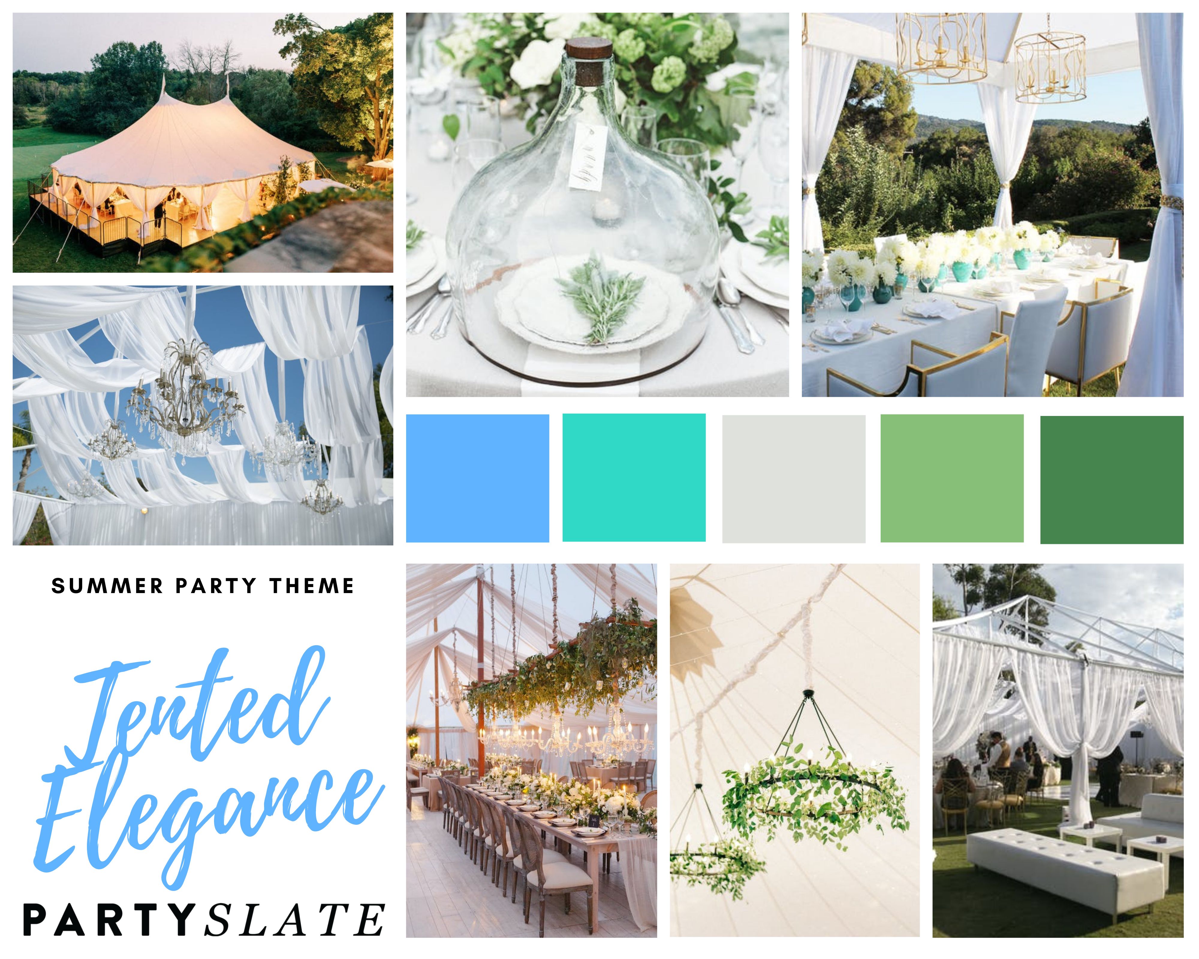 Tented elegance inspiration board with images of drapery and a color pallet of blues, greens, and white