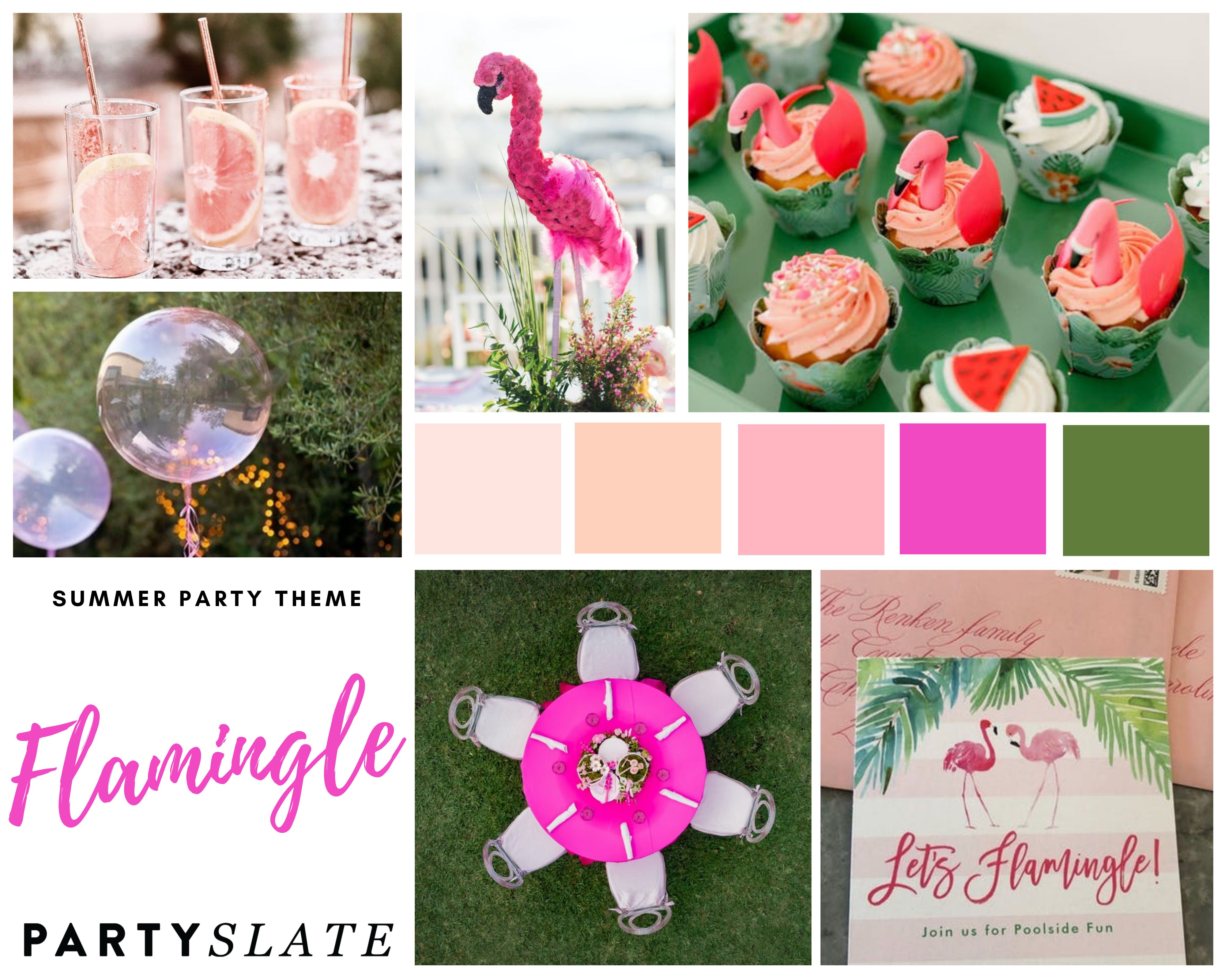 Flamingle inspiration board with a pink and green color pallet and flamingo décor