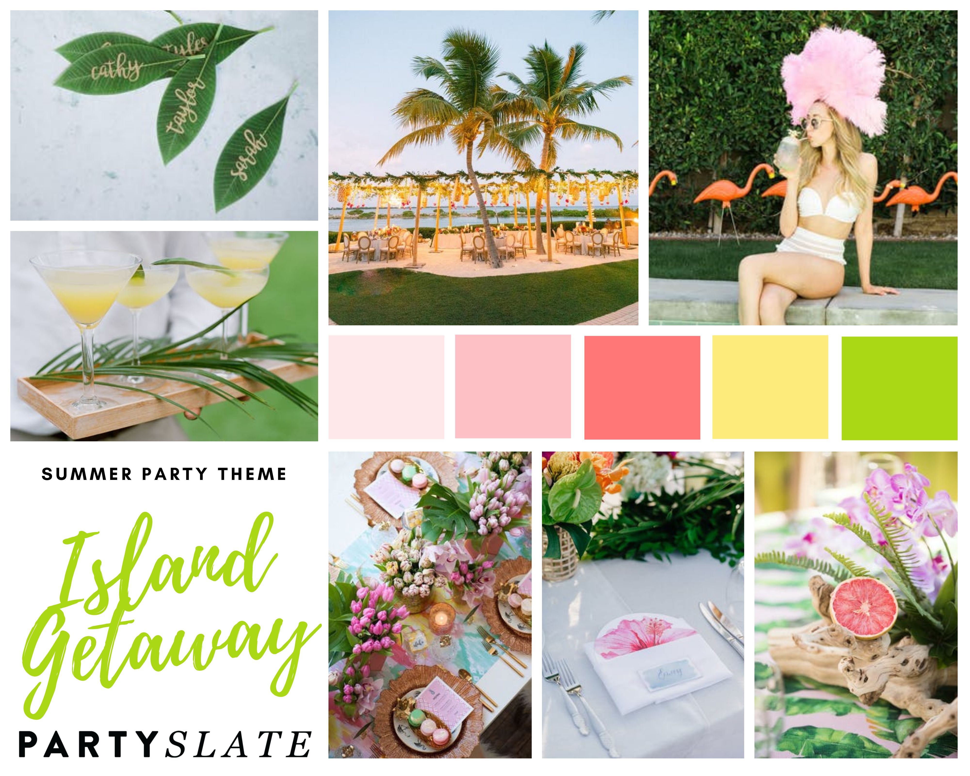 Island getaway inspiration board with images of beaches, tropical inspired tablescapes, and a color pallet of pinks, yellows, and green
