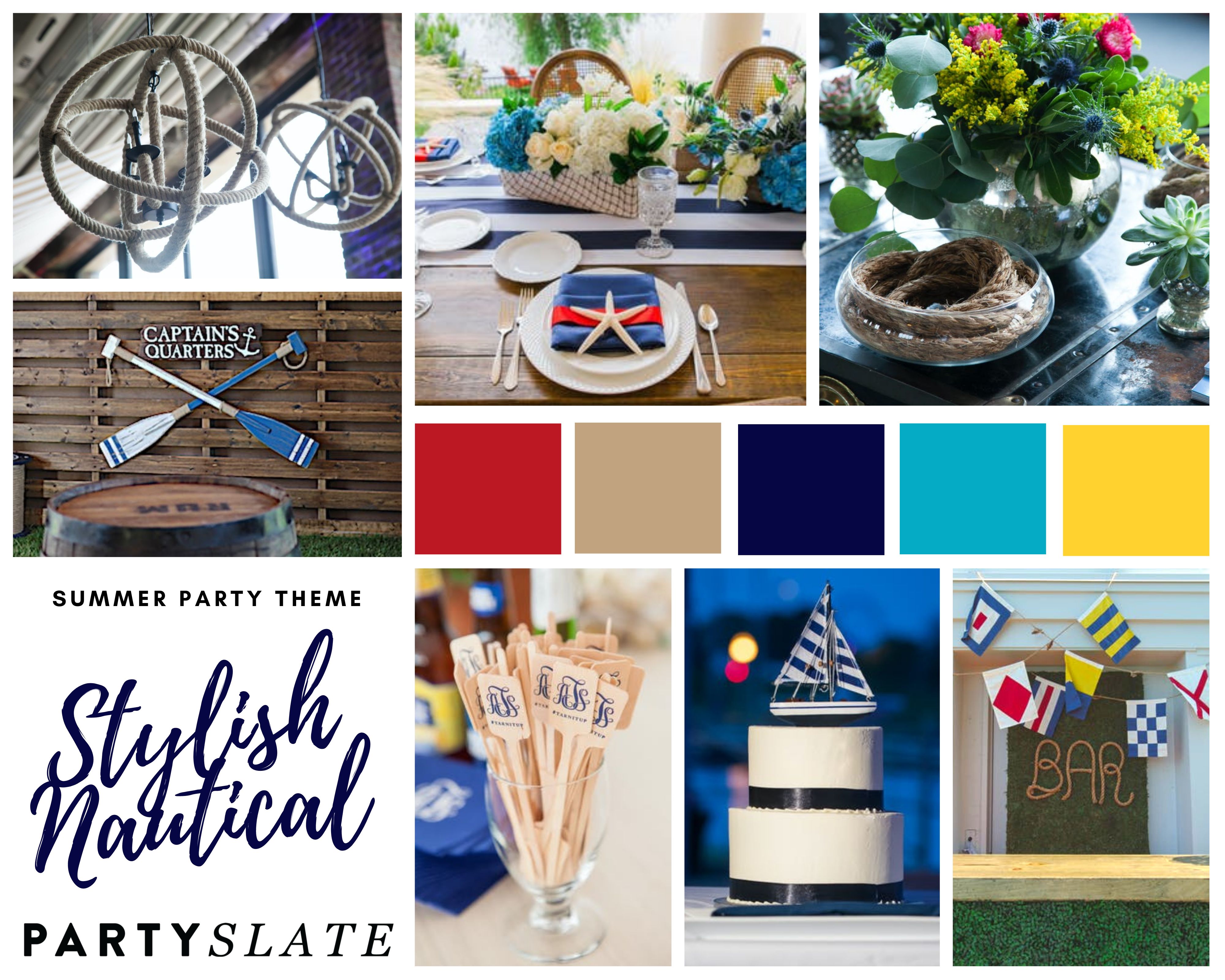 Stylish nautical inspiration board with images of paddles, boats, monograms, and blue colors