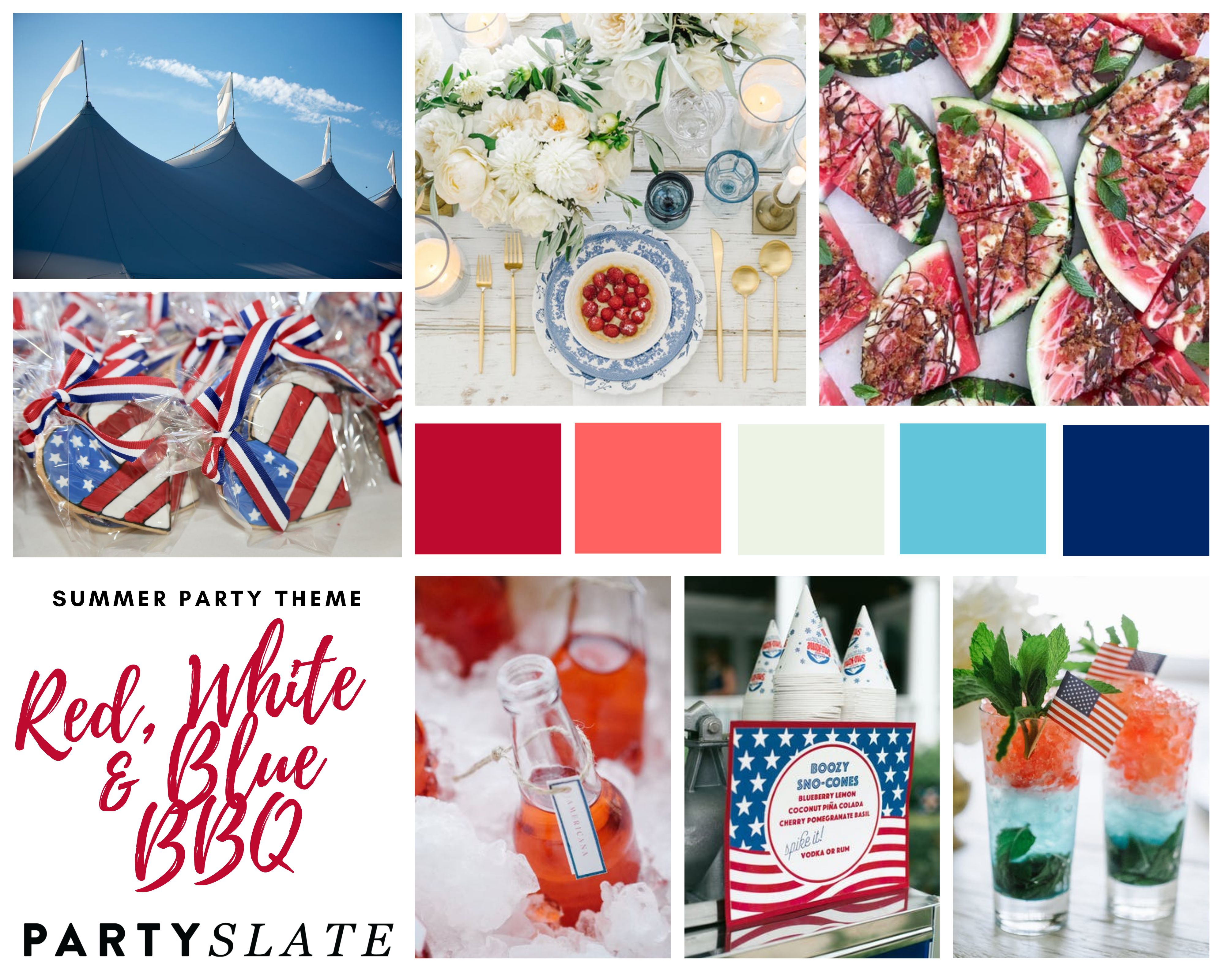 Red, White, and Blue BBQ inspiration board with USA themed décor and bites