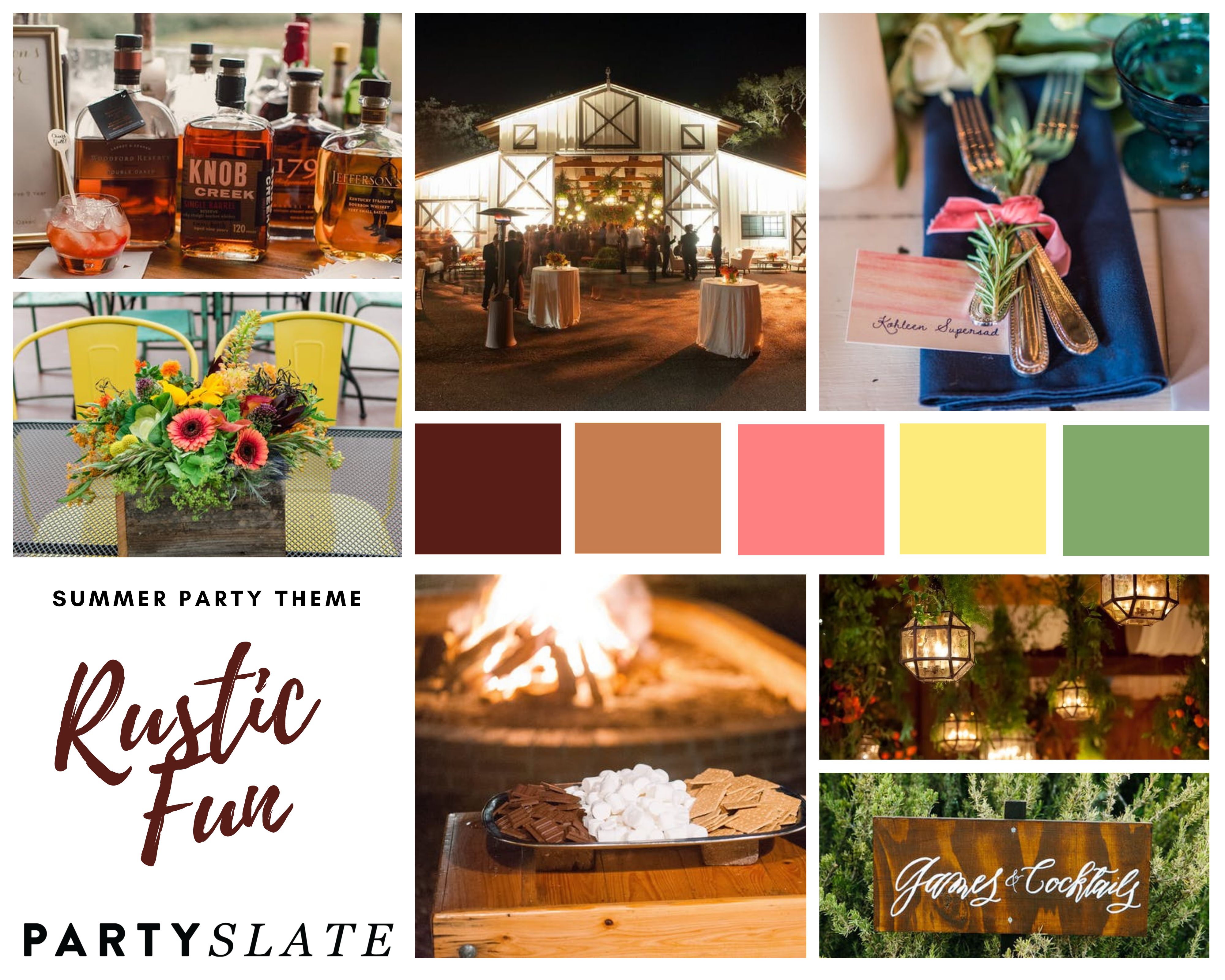 Rustic fun inspiration board with images of barns, s'mores, and a color pallet of browns, pink, yellow, and green
