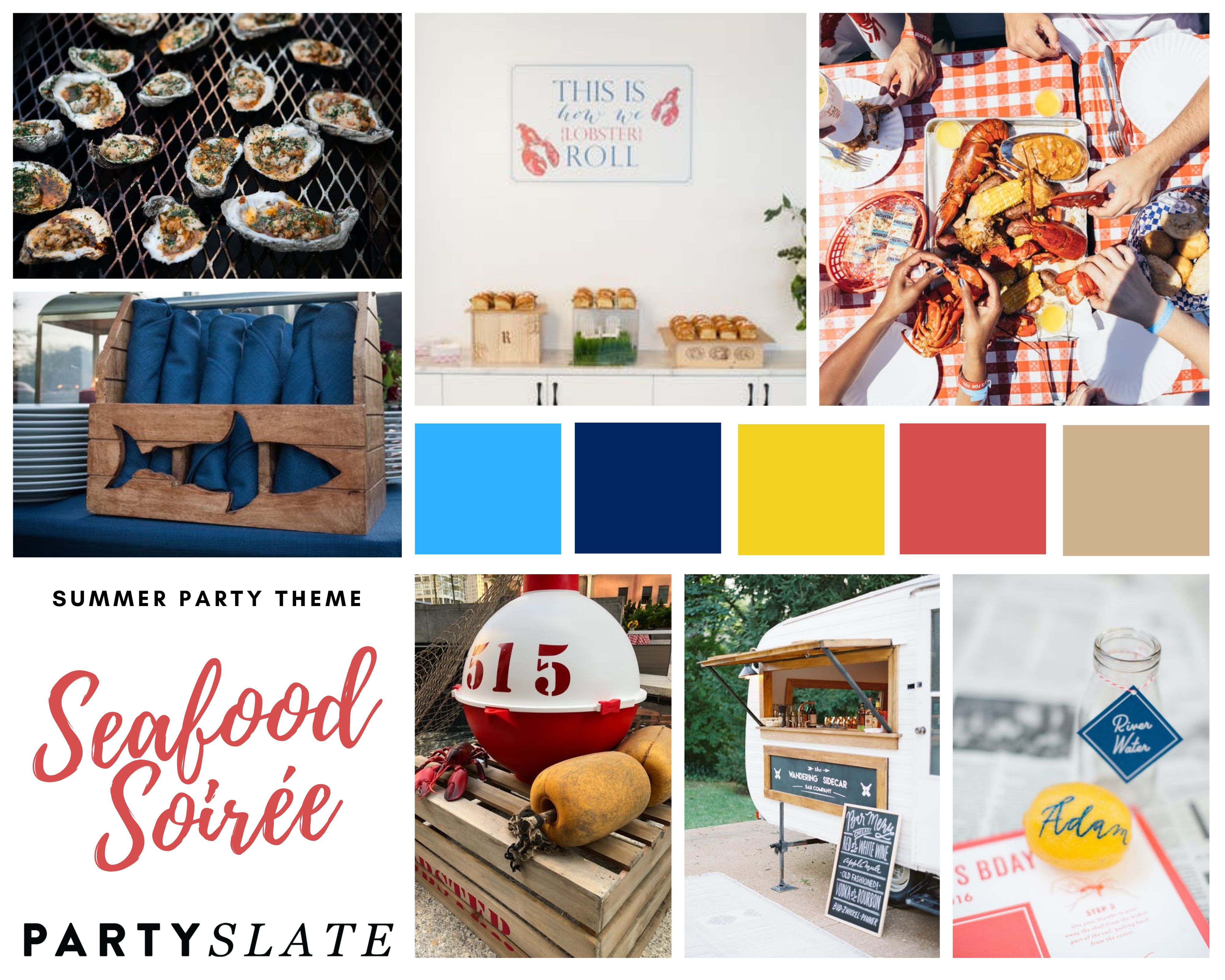 Seafood Soirée inspiration board with seafood bites and décor
