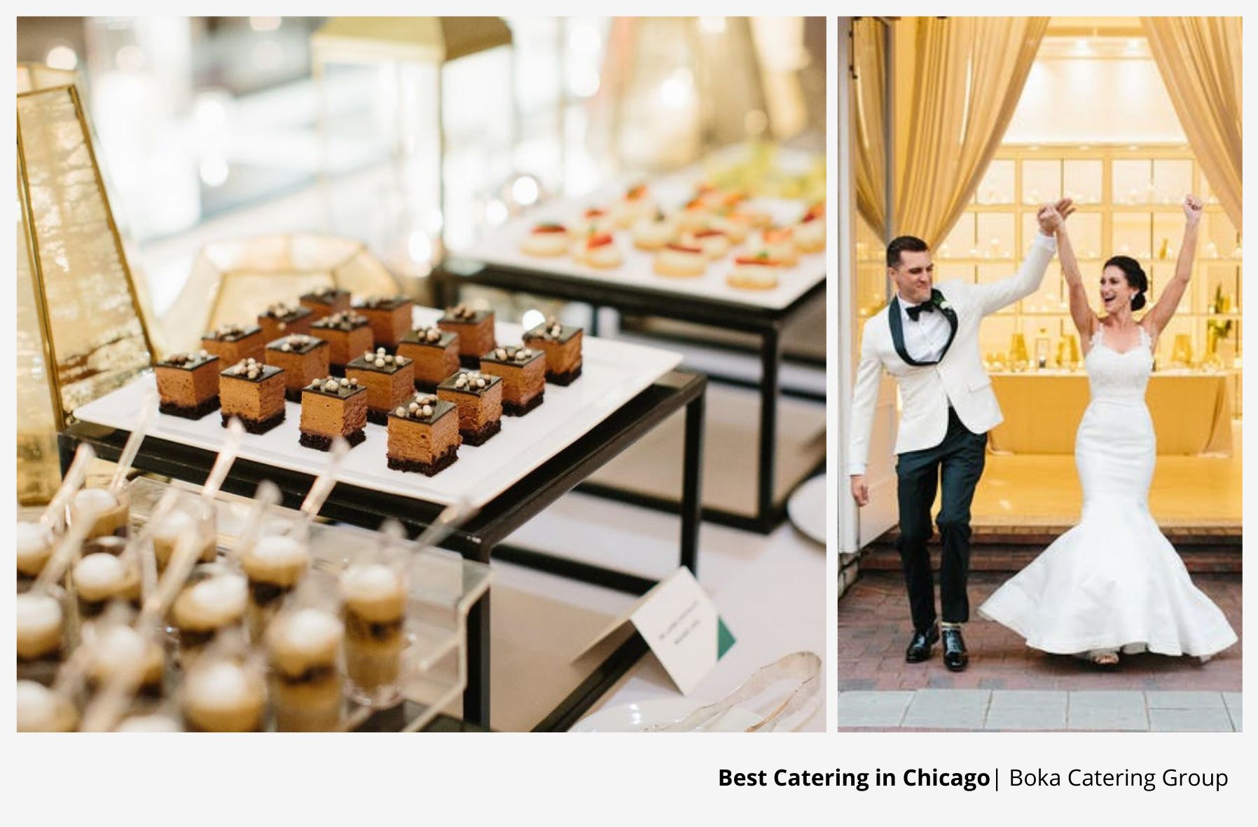 Left image is of bitesized chocolate dessert and right image is of a bride and groom entering their wedding party.