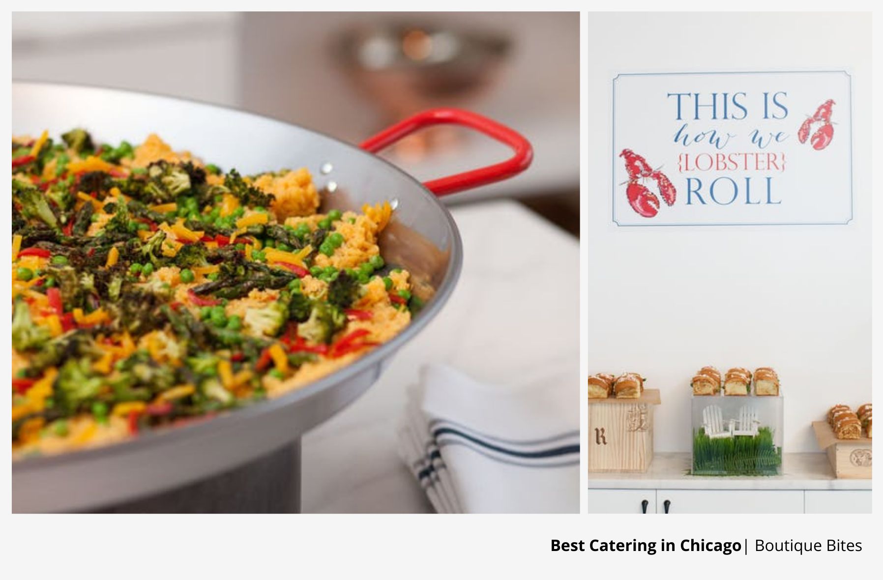 Left image is of a stove top meal and right image is of a lobster roll station.