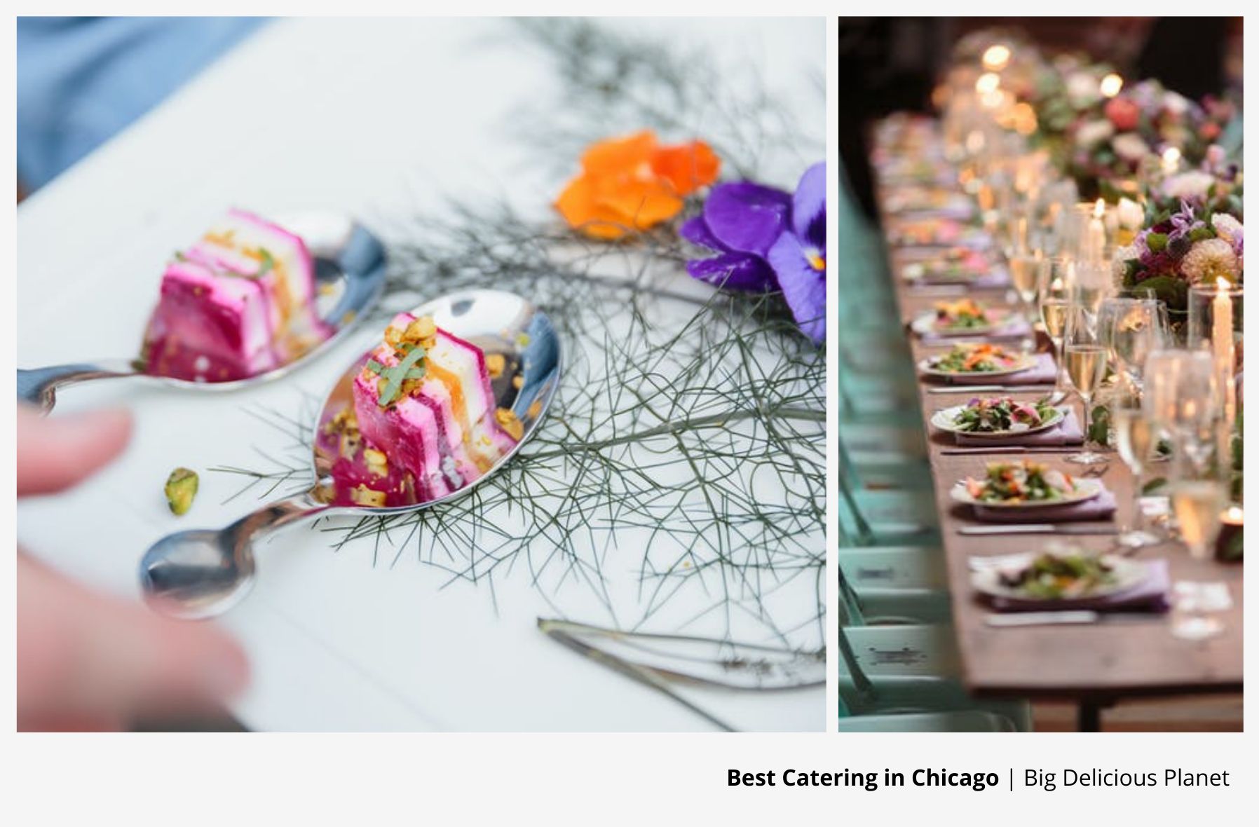 Left image are appetizers and right is a tablescape with salads.