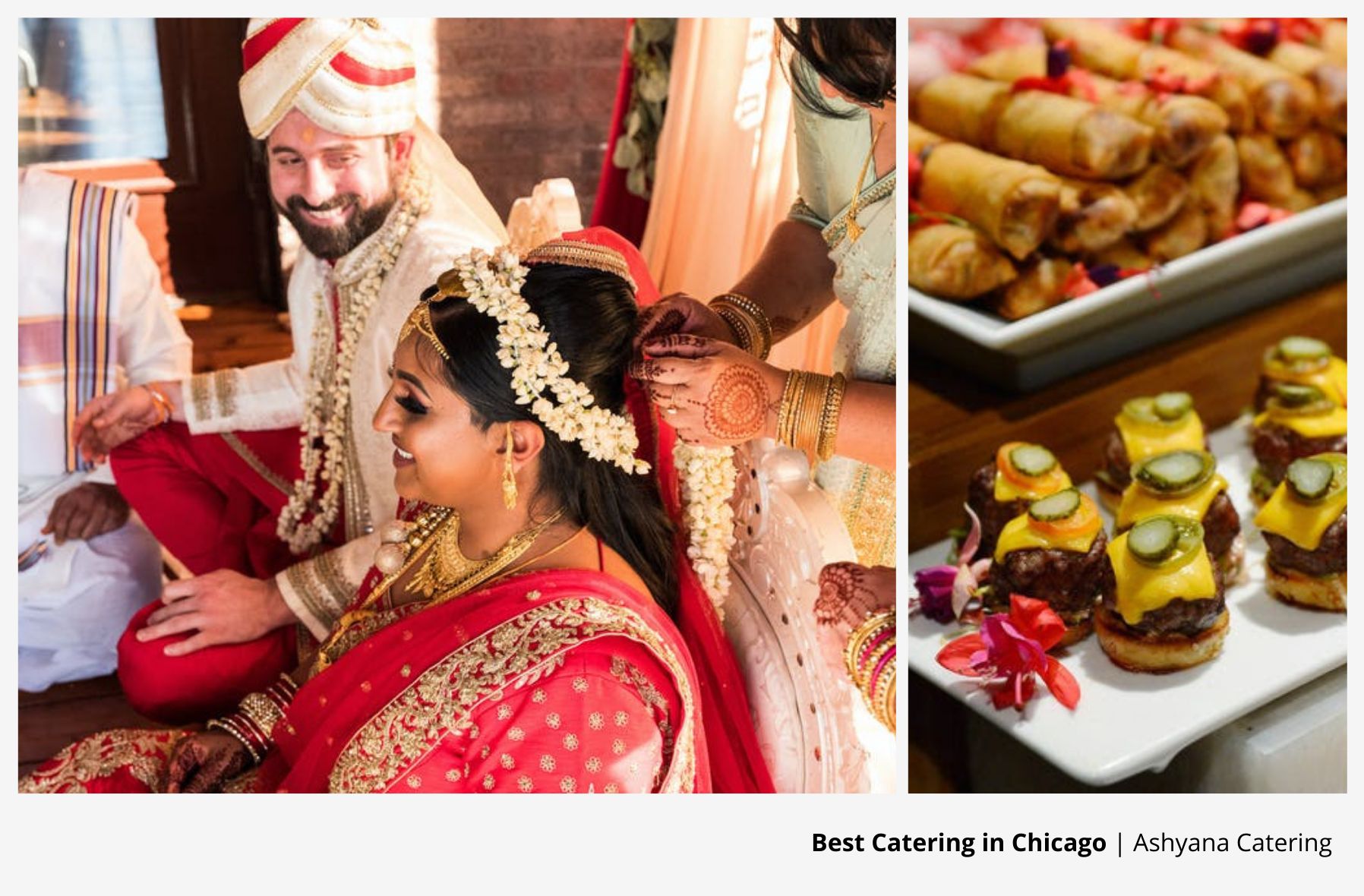 Left image is a bride and groom on their wedding day and right image is bite sized burgers.