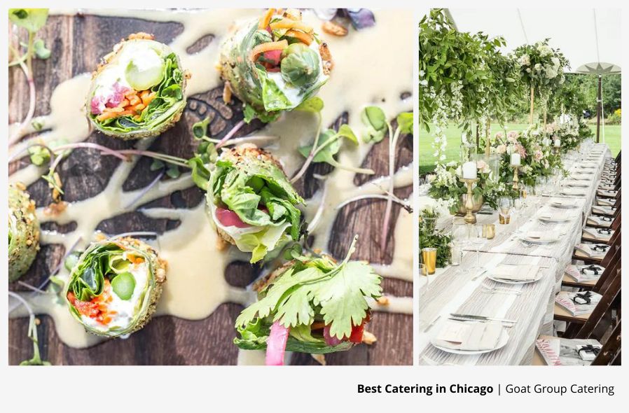 Left image is of appetizers and right image shows an outdoor dinner party with green centerpieces.