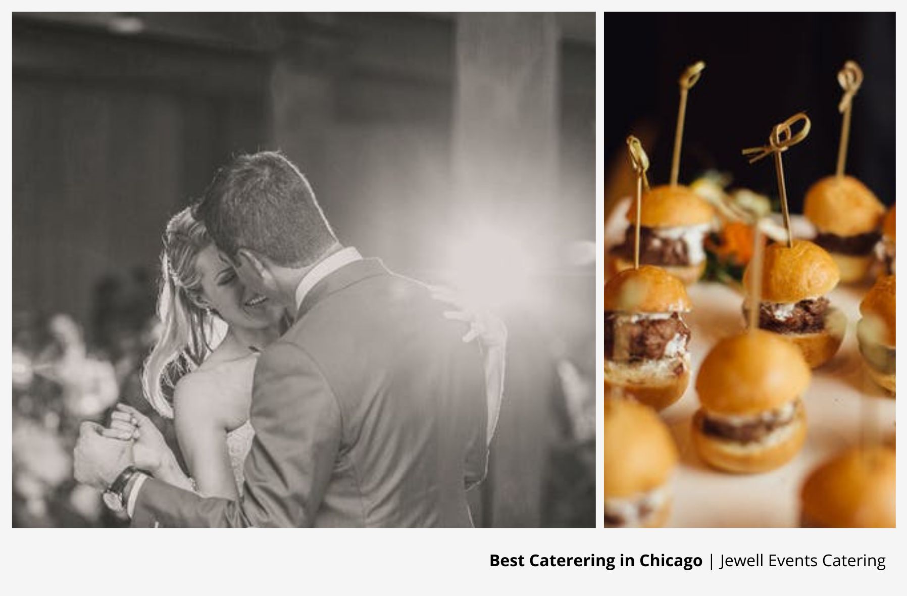 Left image shows the bride and groom having their first dance and right image shows bite sized burgers.