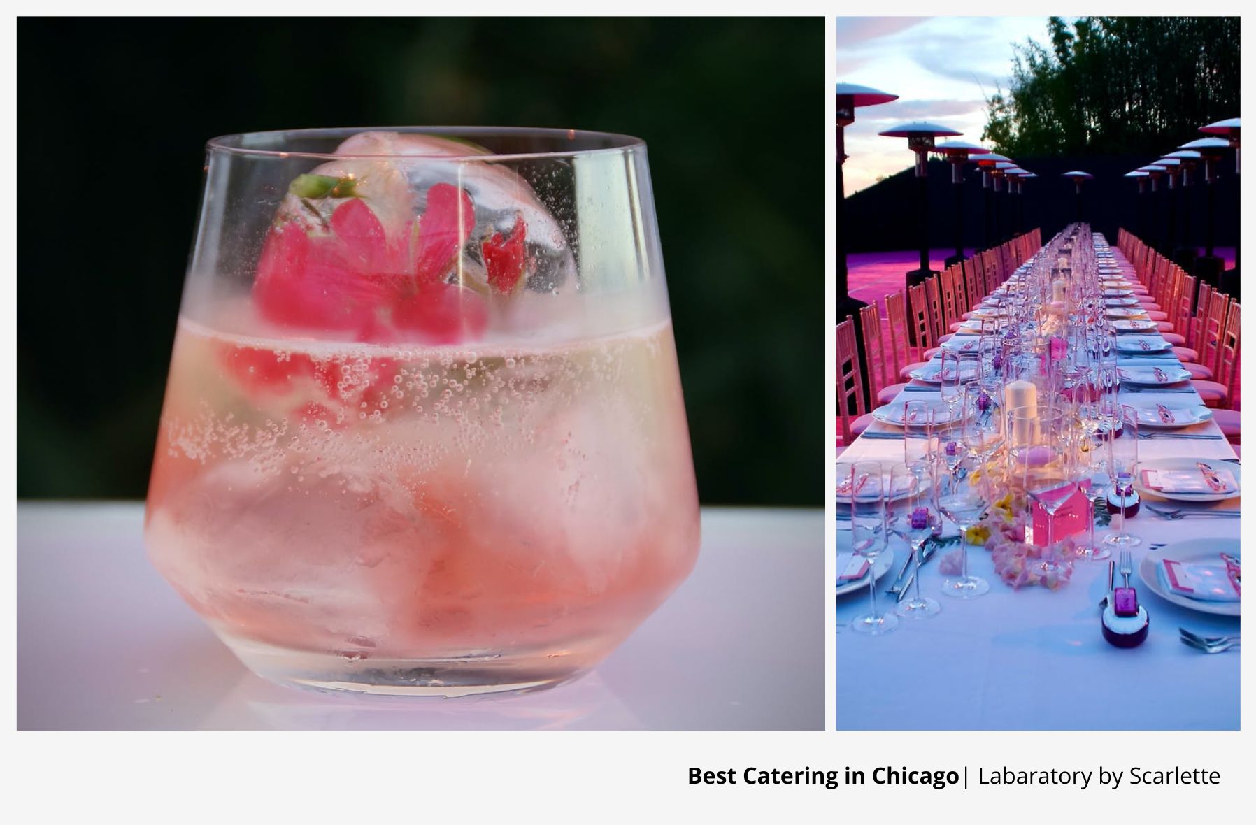 Pink-themed party with pink cocktails and pink-lit party.