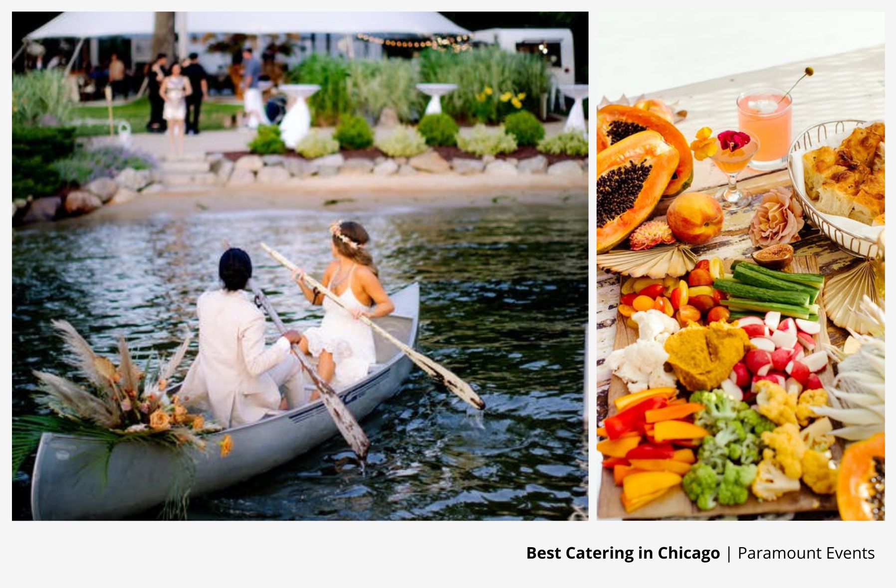 Left image shows a wedding couple rowing a boat and right image shows a tray of vegetables.