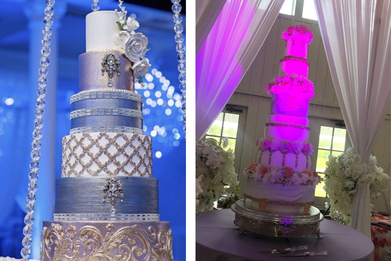 Two towering wedding cakes in pink and blue by Wedding Cakes by Tammy Allen of Houston, TX | PartySlate