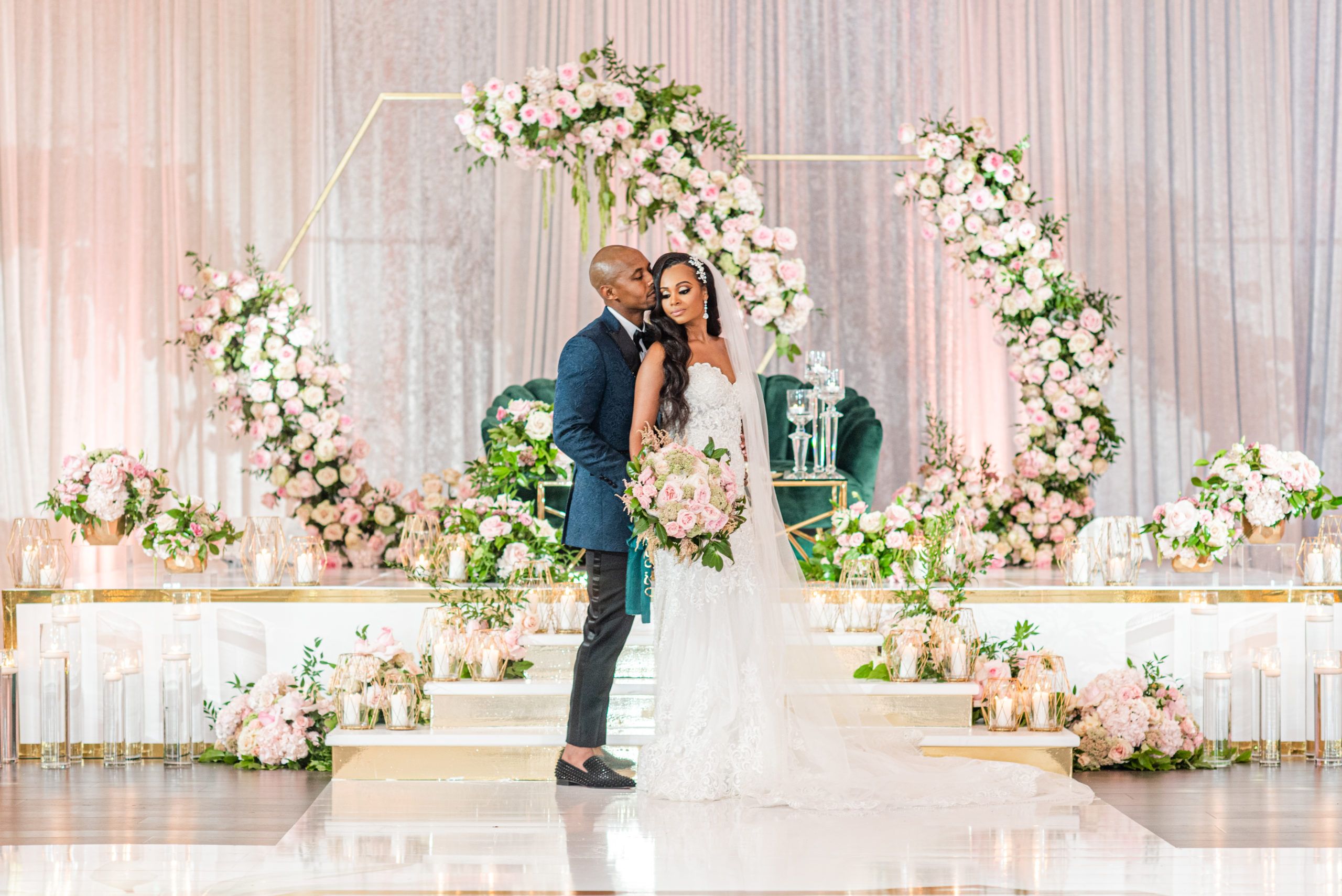 Beautiful White Wedding With Blush-Toned Crescent Floral Backdrops Designed by BCG Events | PartySlate