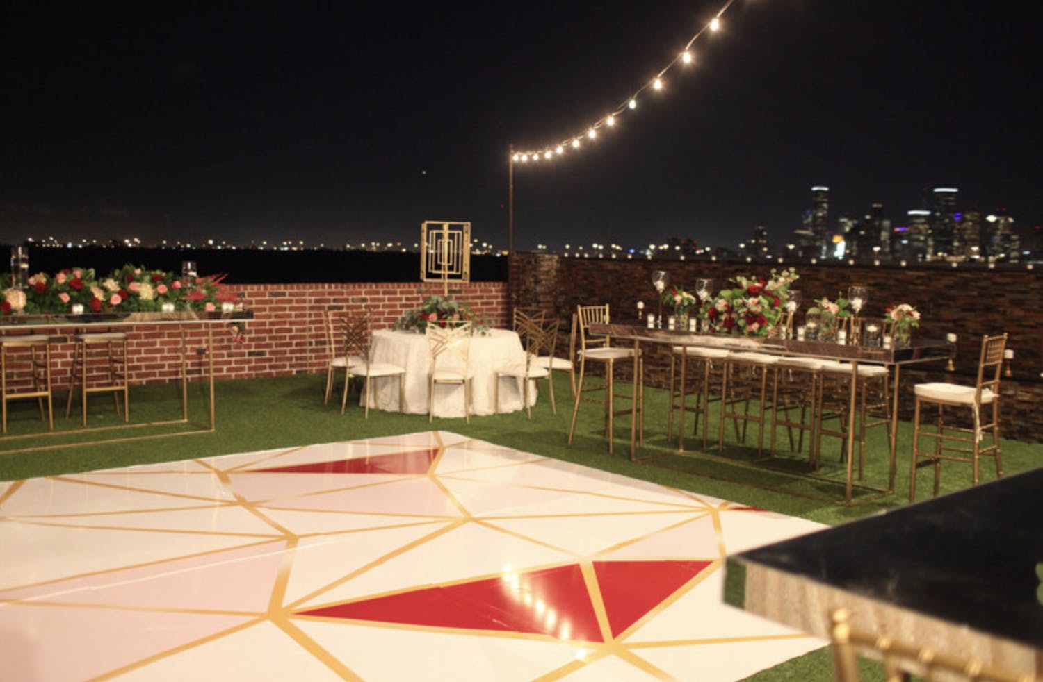 Outdoor Wedding With Red and Gold Geometric Dance Floor Planned by Kashmere Productions of Houston, TX | PartySlate