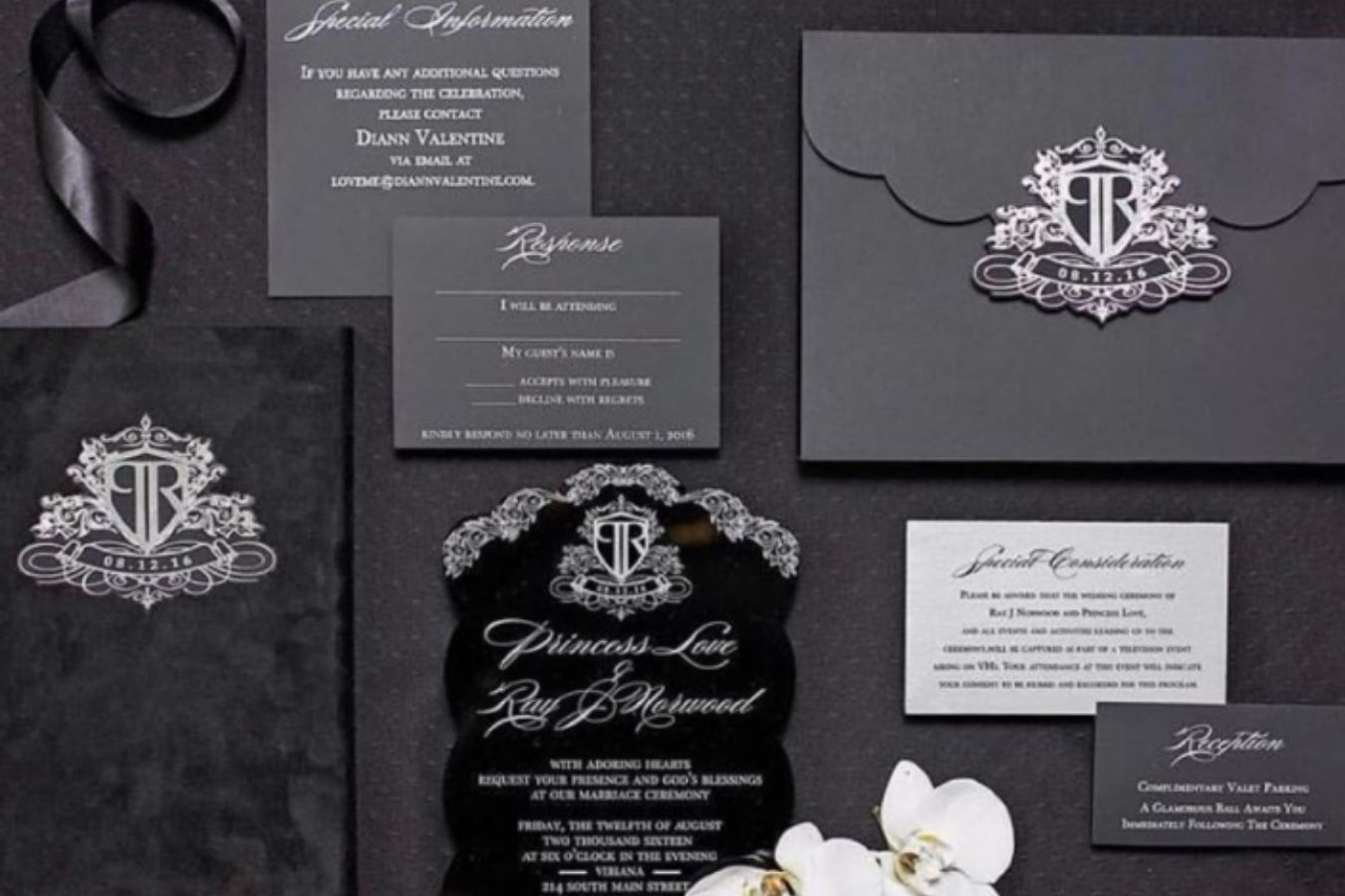 Black and Gray Couture Wedding Invitation Suite by Oda Creative of Houston, TX | PartySlate