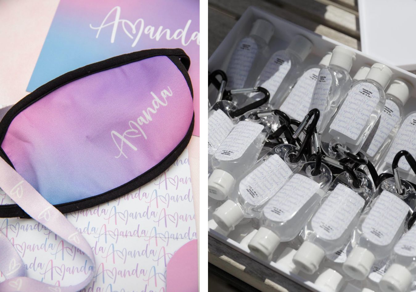 Masks and Mini Hand Sanitizers for Pink Ombré Bat Mitzvah Party