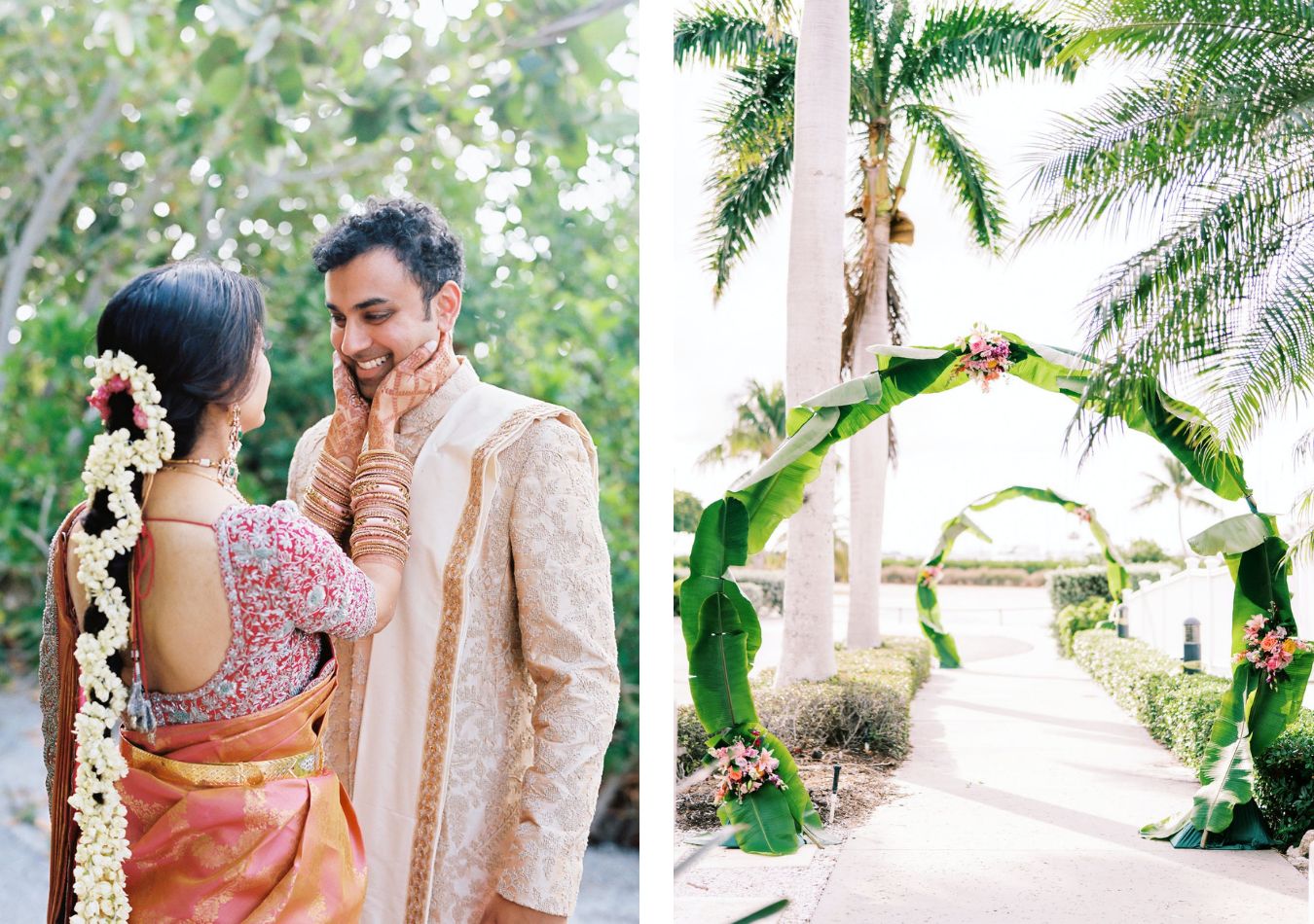 Tropical Beach Wedding Ceremony with Double Arch Made from Palm Trees | PartySlate