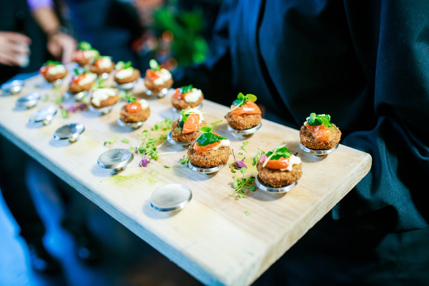 Tray of passed apps on mini silver platters | PartySlate