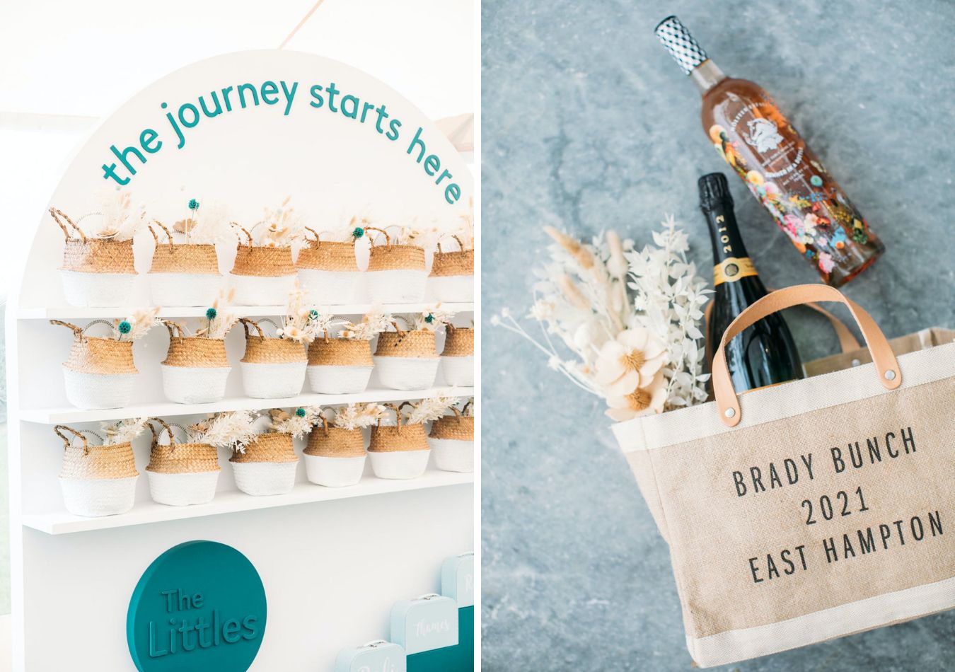 Aqua and white tote bag wall | PartySlate