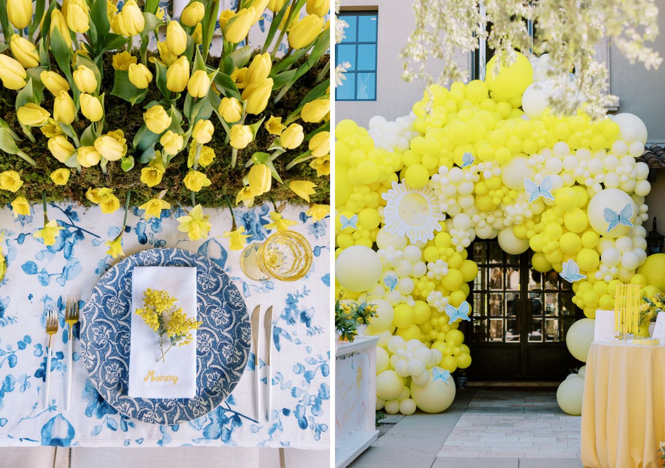 Baby shower with large yellow balloon installation at house entrance with blue butterflies and tulip garden centerpiece with blue tablecloth | PartySlate