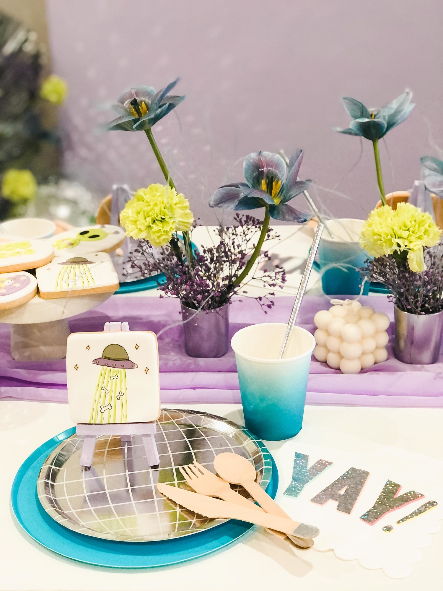 Extraterrestrial Party Theme with Blue and Purple Décor and Florals | PartySlate