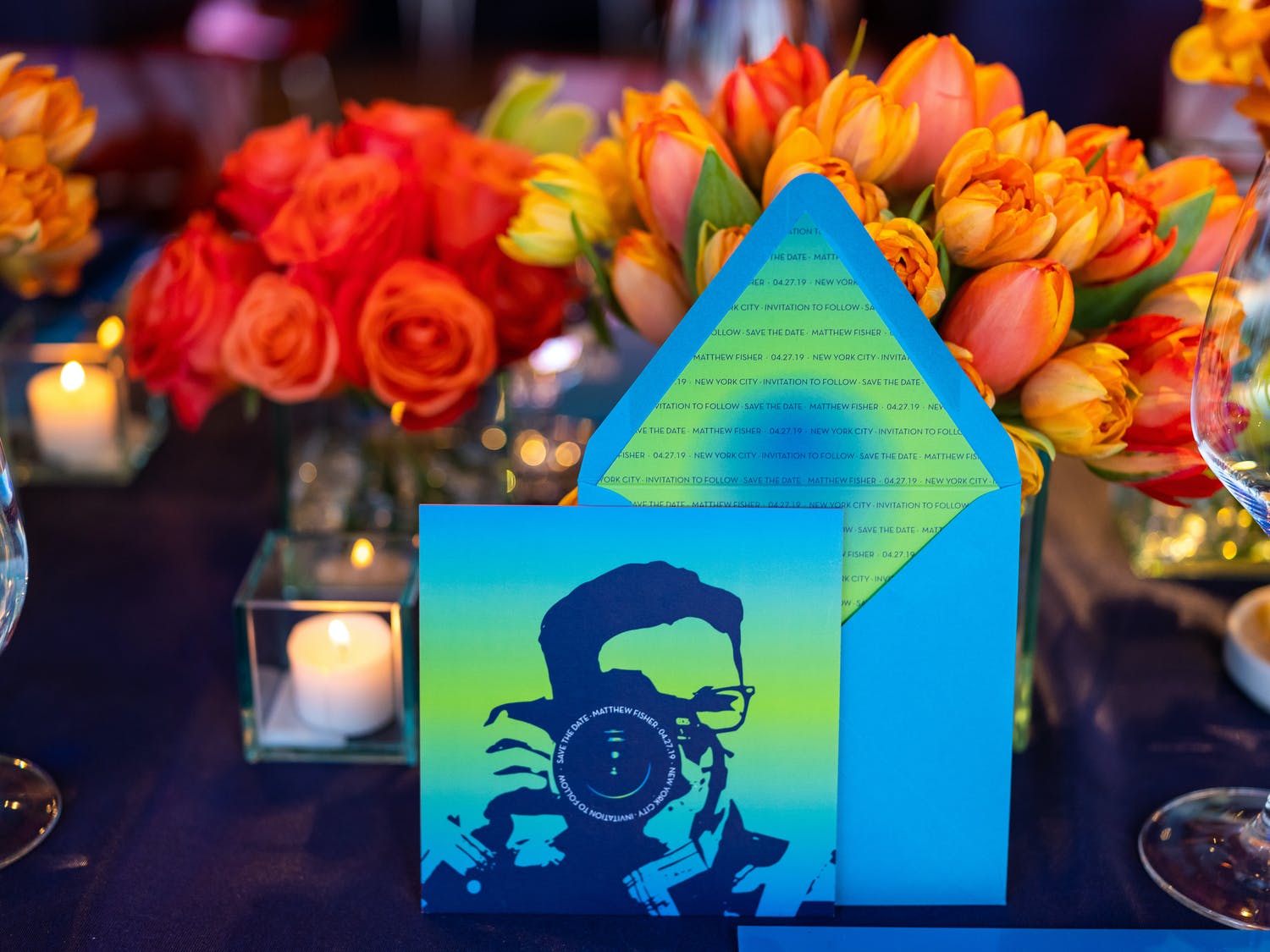 Vibrant Birthday Green and Blue Party Theme Invitation with Orange and Red Florals | PartySlate