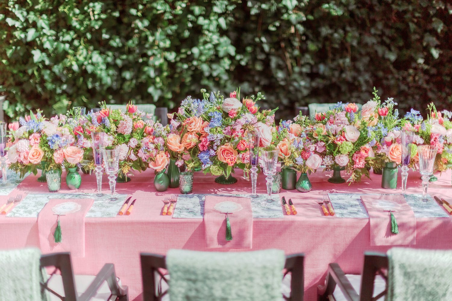 Pretty Pink and Pastel Green Party Tablescape with Florals and Menus | PartySlate