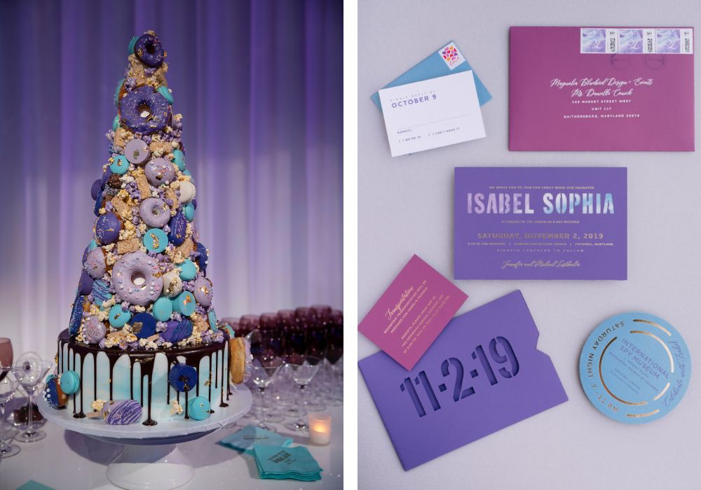 The left image shows a donut tower cake and the right image shows party invitations