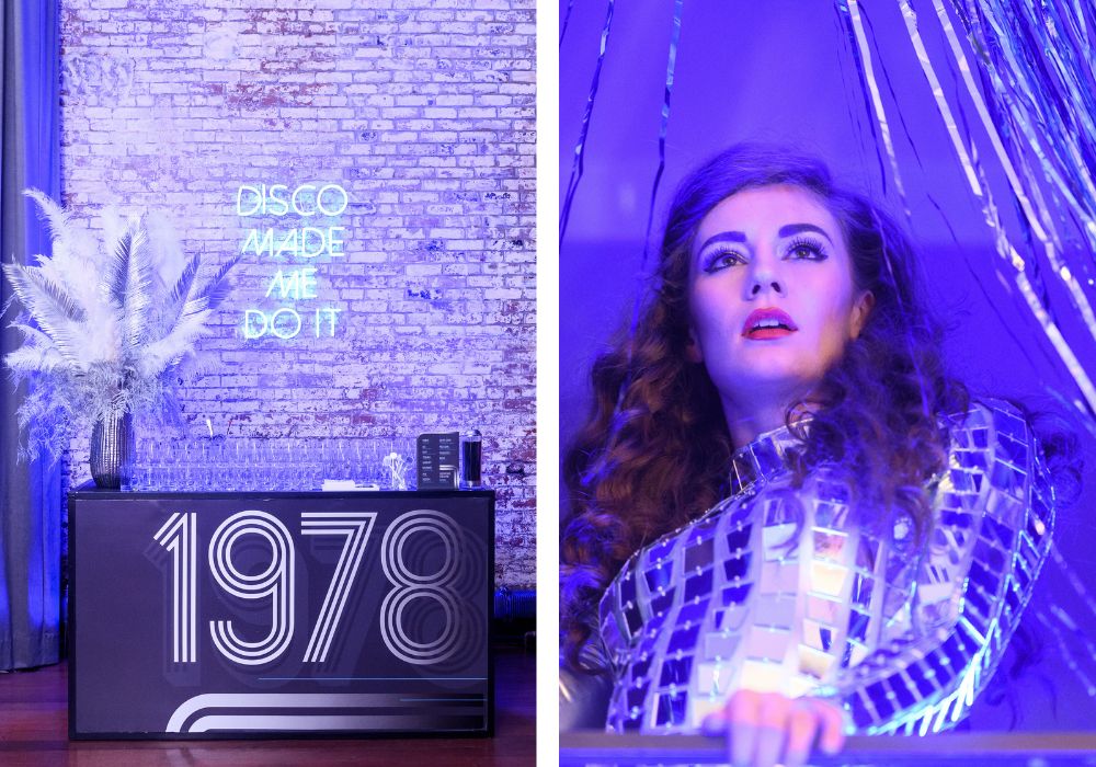 Disco themed party featuring a bar with 1978 in retro font signage and an entertainer in a disco-ball top