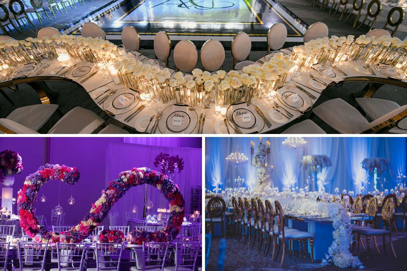 Three images of floral centerpieces on wedding tablescapes.