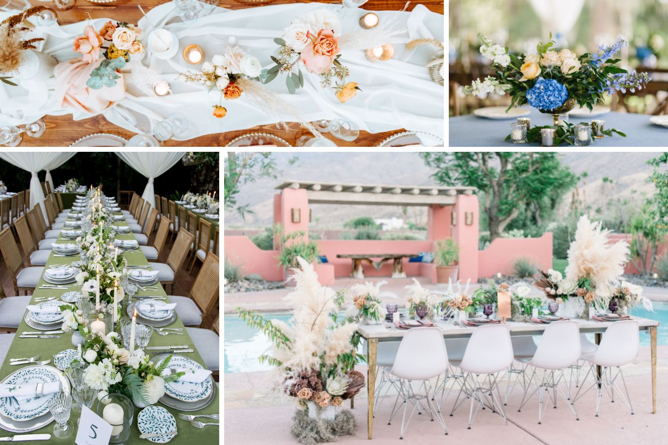 Four images of floral centerpieces on wedding tablescapes.
