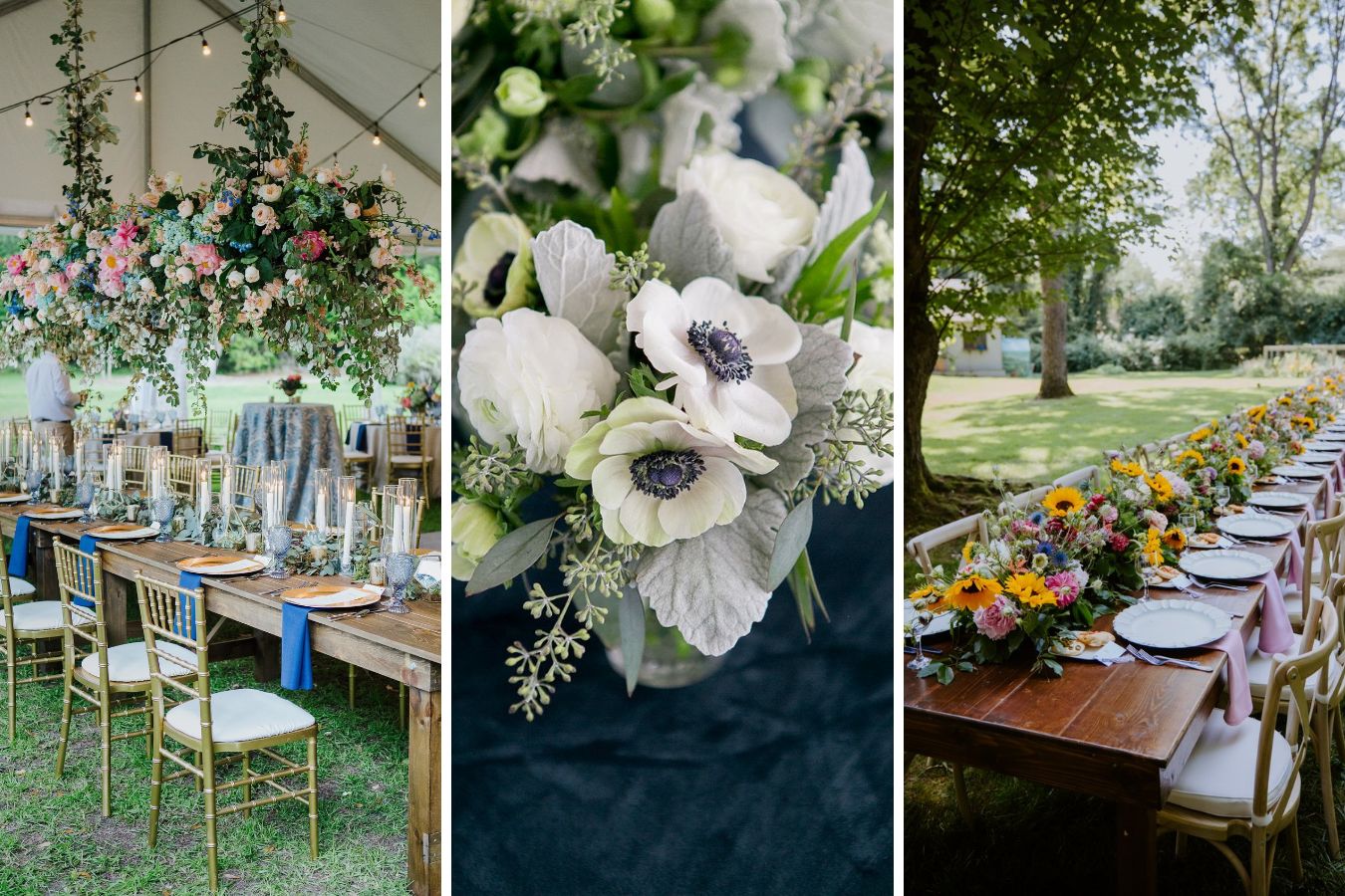 Three examples of wedding centerpiece ideas: Rustic with candle light and greenery, white anemones on dark blue linen, sunflowers accented by other bright blooms | PartySlate